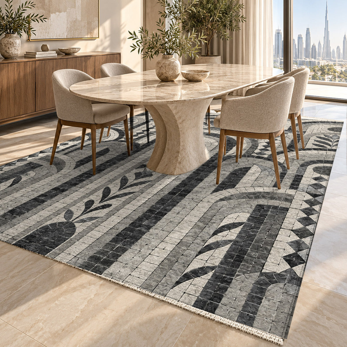 Weathered Arches Charcoal Geometric Washable Rug — dubai dining