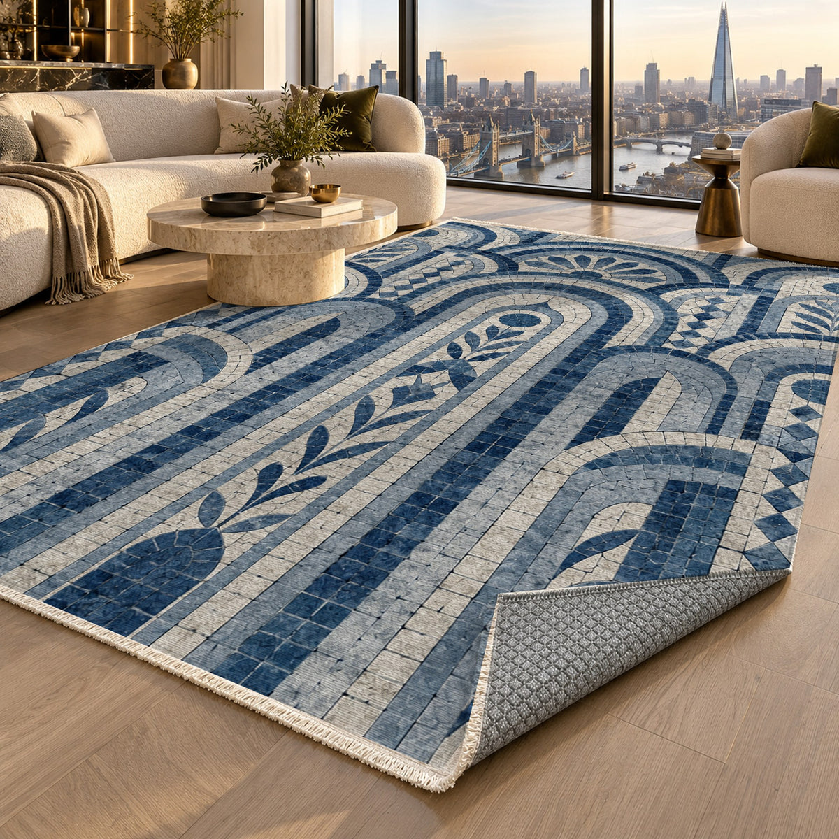 Weathered Arches Indigo Geometric Washable Rug — london luxury living
