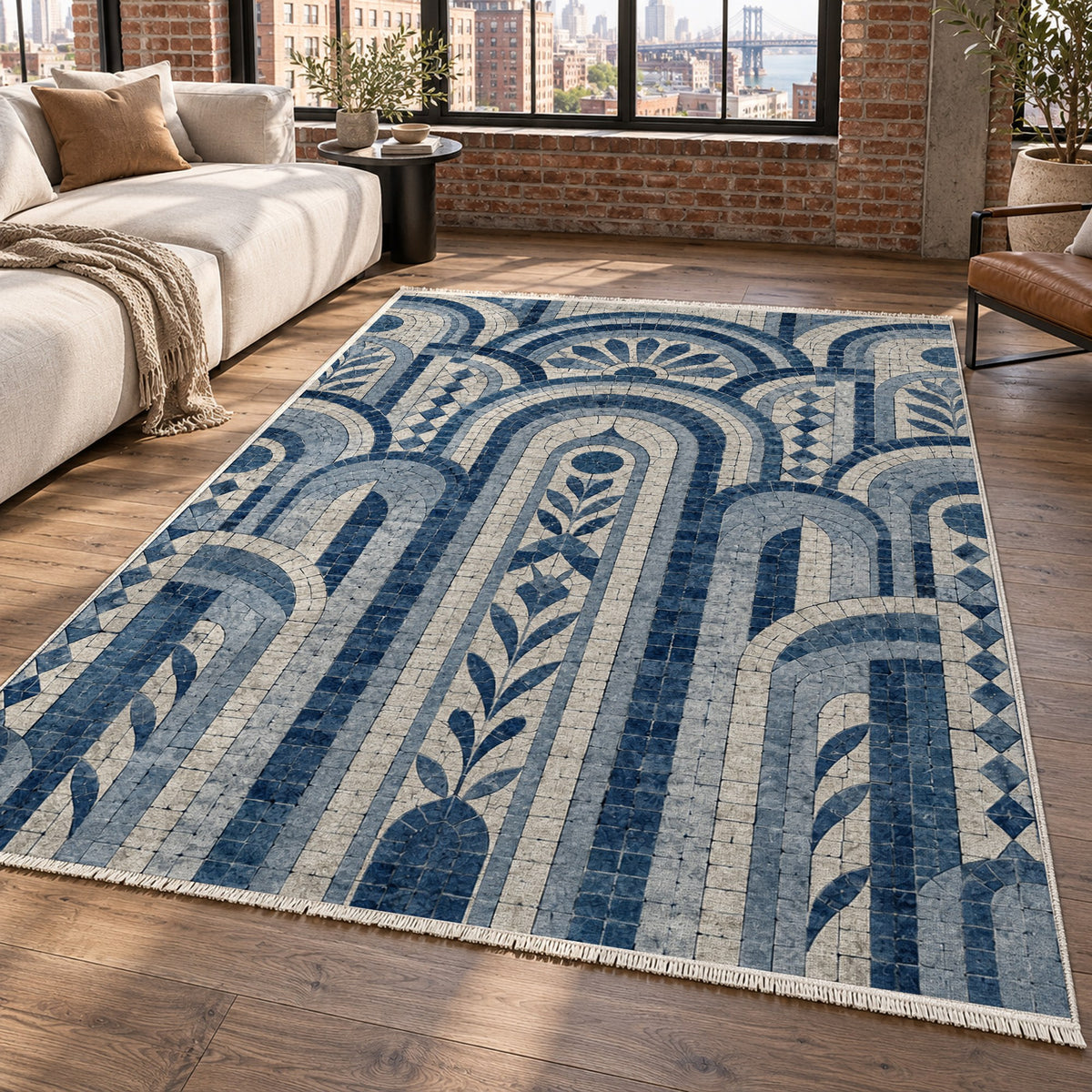 Weathered Arches Indigo Geometric Washable Rug — new york living