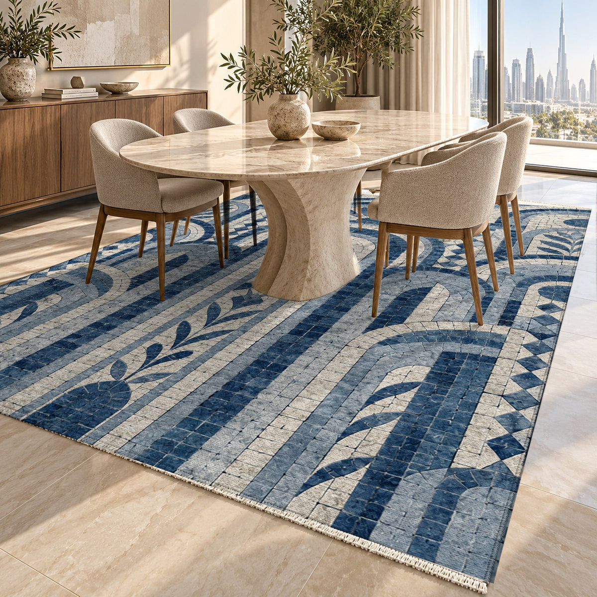 Weathered Arches Indigo Geometric Washable Rug — dubai dining
