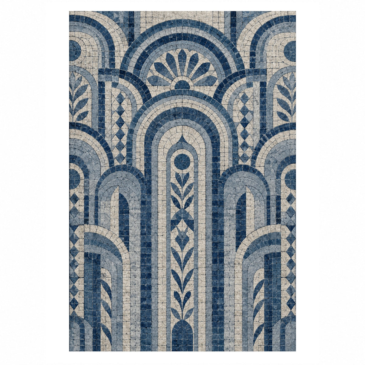 Weathered Arches Indigo Geometric Washable Rug — top view