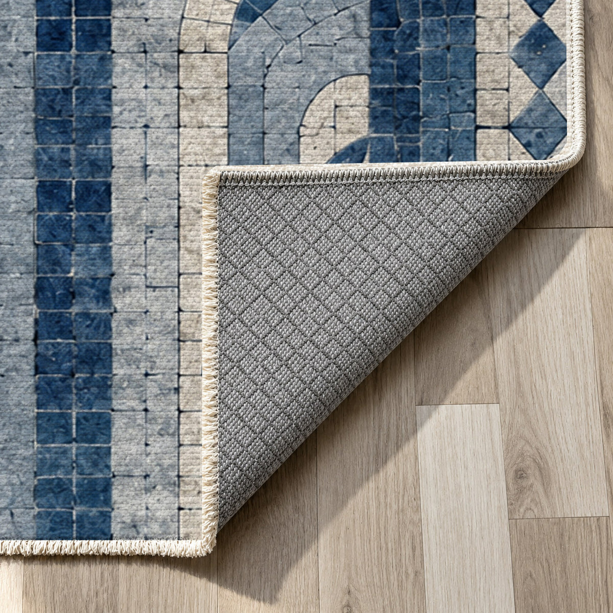 Weathered Arches Indigo Geometric Washable Rug — backing close up