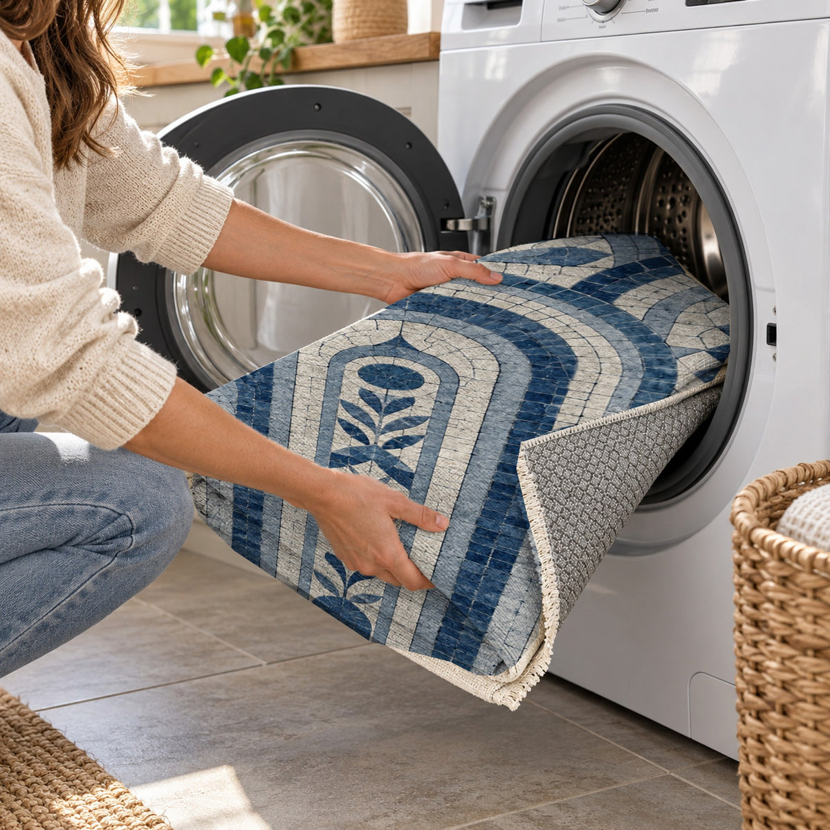 Weathered Arches Indigo Geometric Washable Rug — washing machine