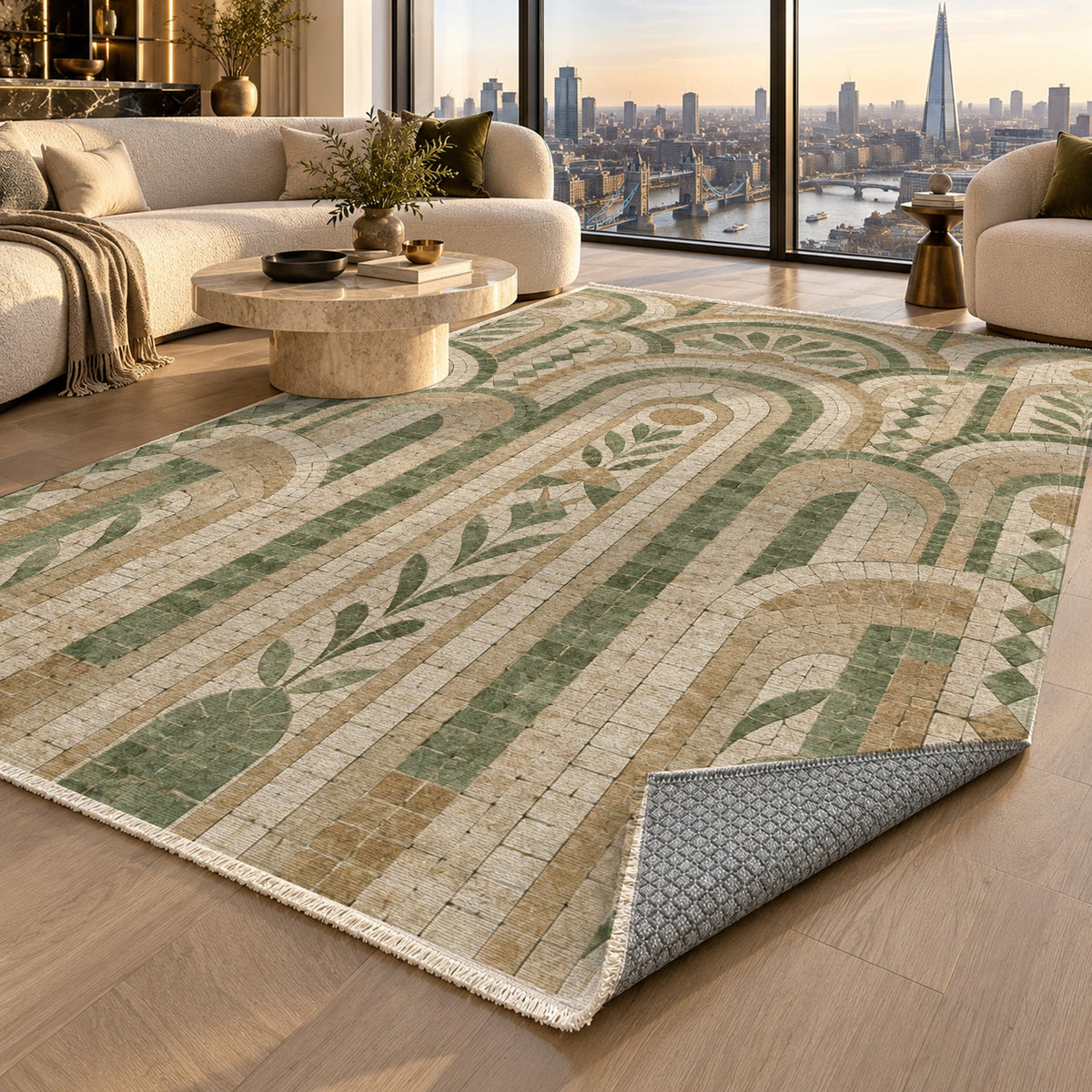 Weathered Arches Sage Geometric Washable Rug — london luxury living