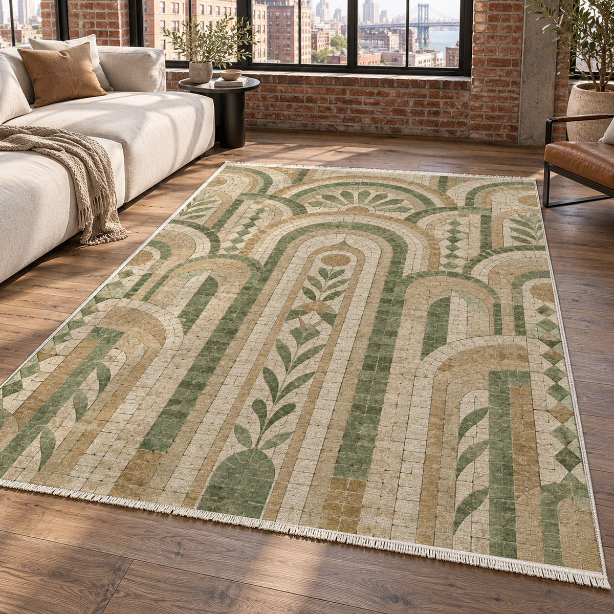 Weathered Arches Sage Geometric Washable Rug — new york living