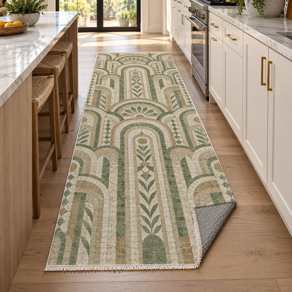 Weathered Arches Sage Geometric Washable Rug — new york kitchen runner
