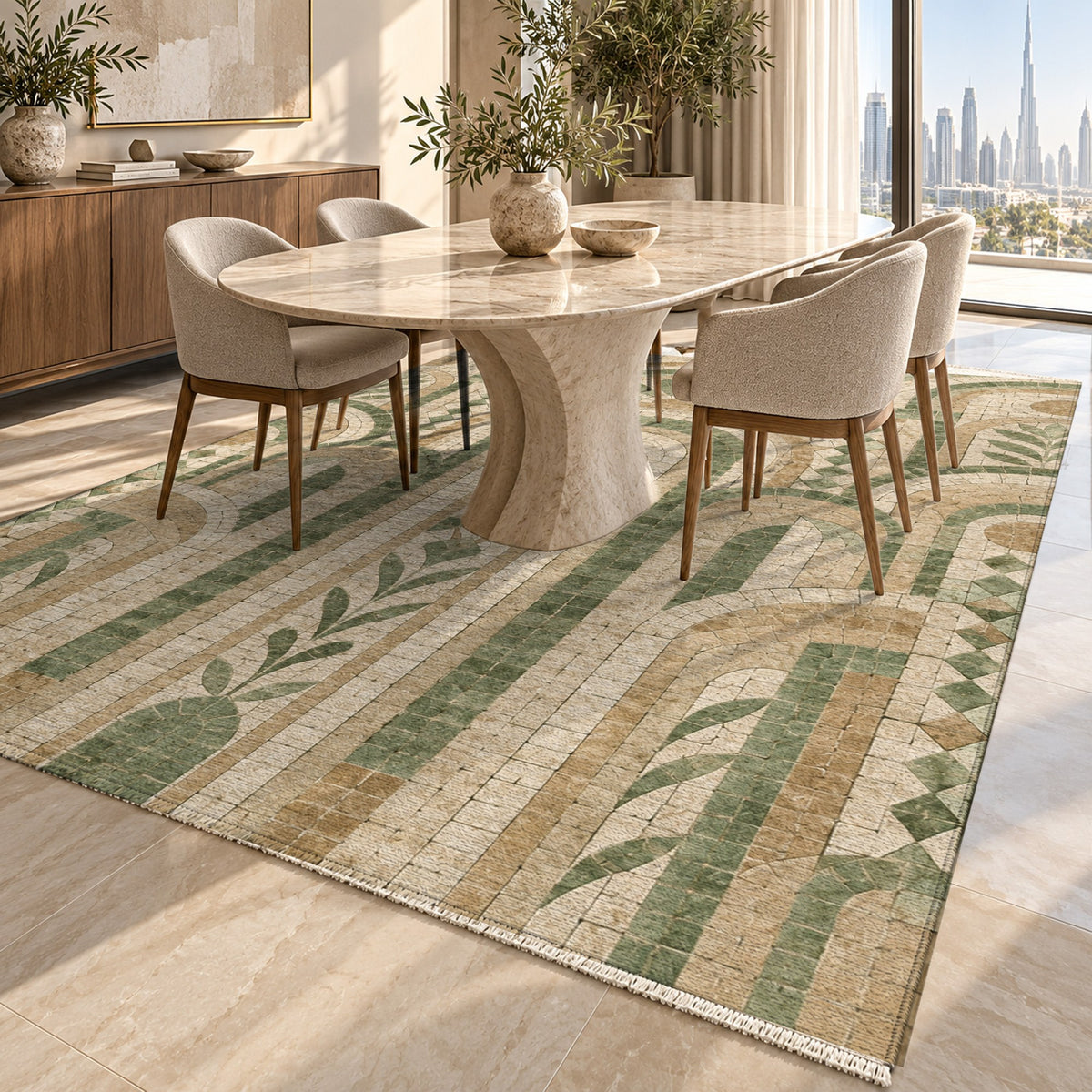 Weathered Arches Sage Geometric Washable Rug — dubai dining