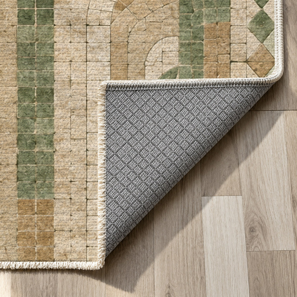 Weathered Arches Sage Geometric Washable Rug — backing close up