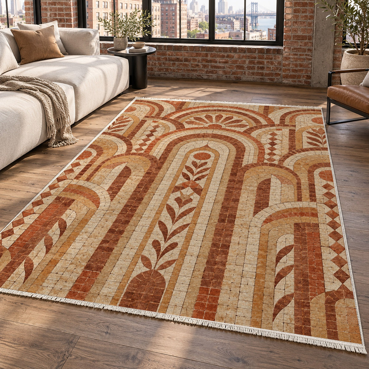 Weathered Arches Terracotta Geometric Washable Rug — new york living