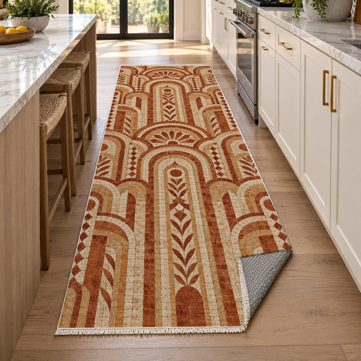 Weathered Arches Terracotta Geometric Washable Rug — new york kitchen runner
