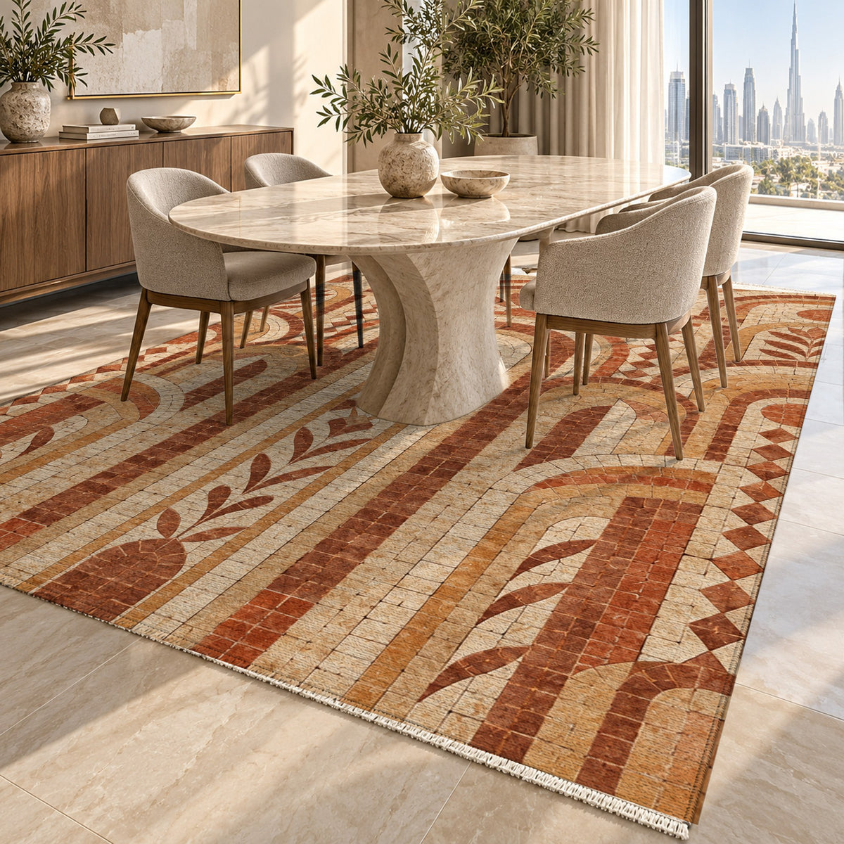 Weathered Arches Terracotta Geometric Washable Rug — dubai dining