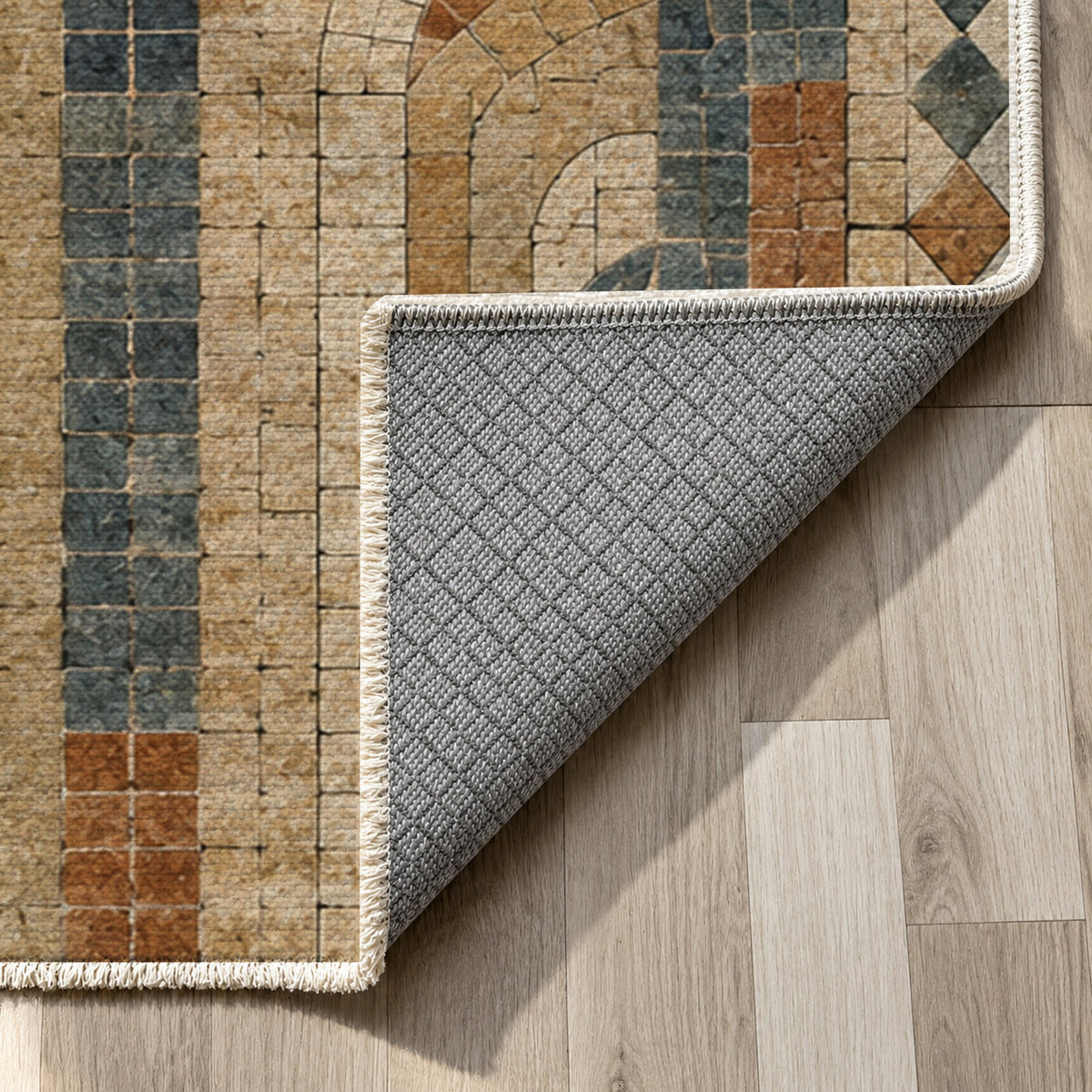 Weathered Arches Geometric Washable Rug — backing close up