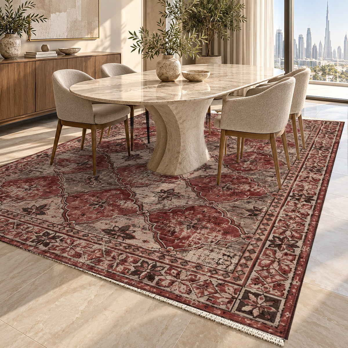 Weathered Mosaic Burgundy Red Vintage Washable Rug — dubai dining