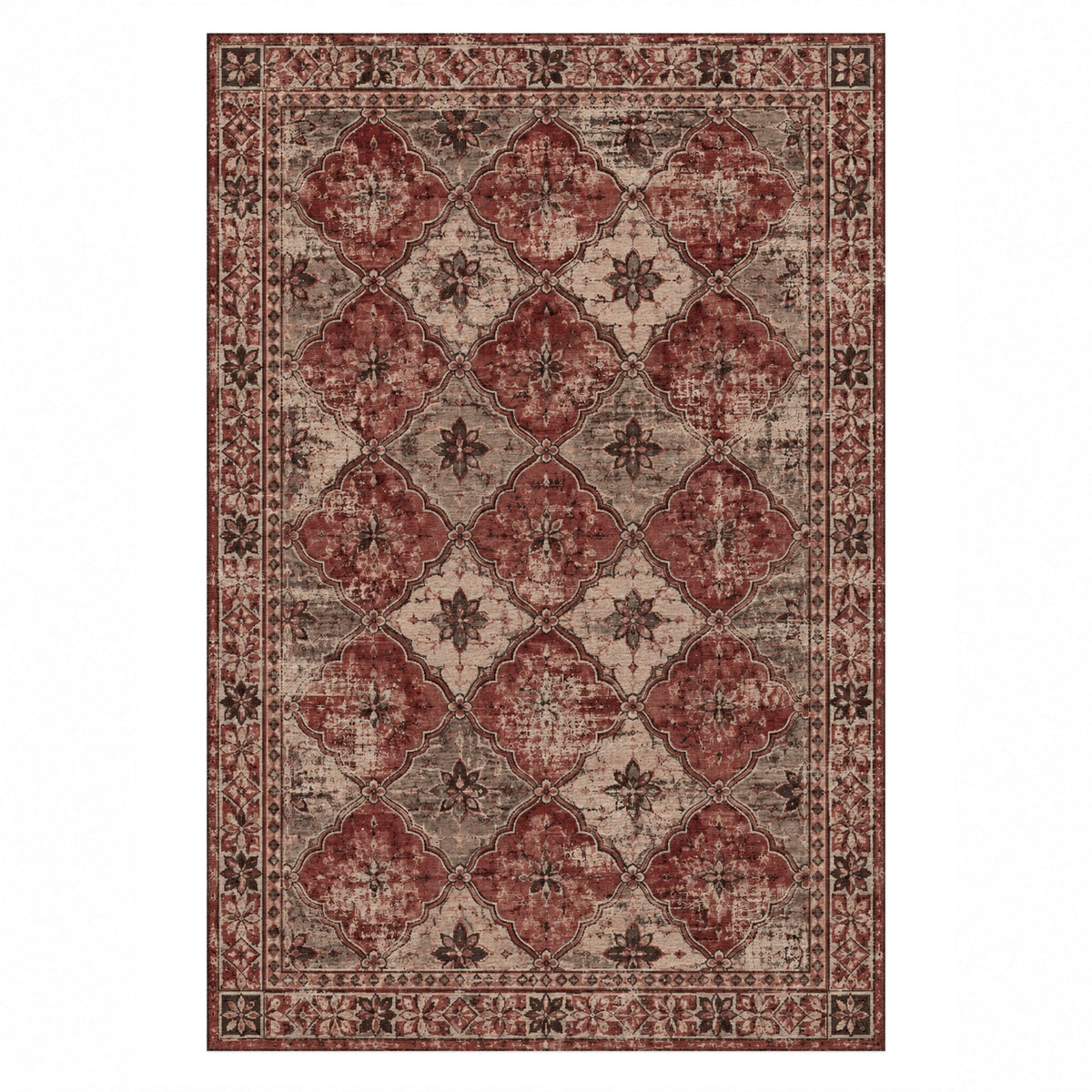 Weathered Mosaic Burgundy Red Vintage Washable Rug — top view