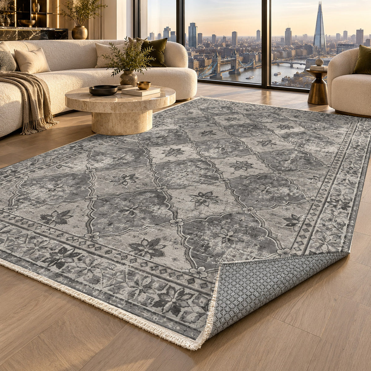Weathered Mosaic Charcoal Silver Vintage Washable Rug — london luxury living