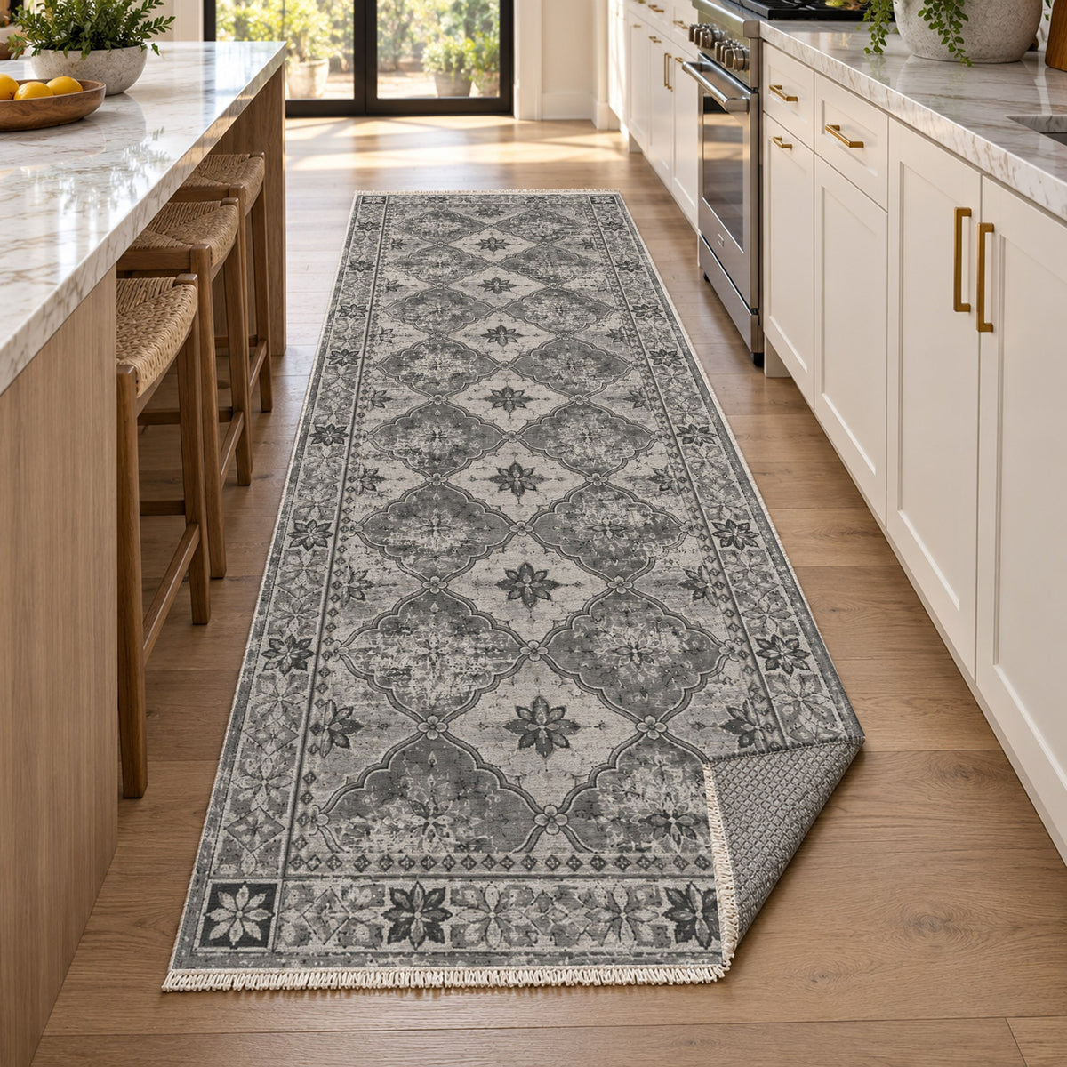Weathered Mosaic Charcoal Silver Vintage Washable Rug — new york kitchen runner