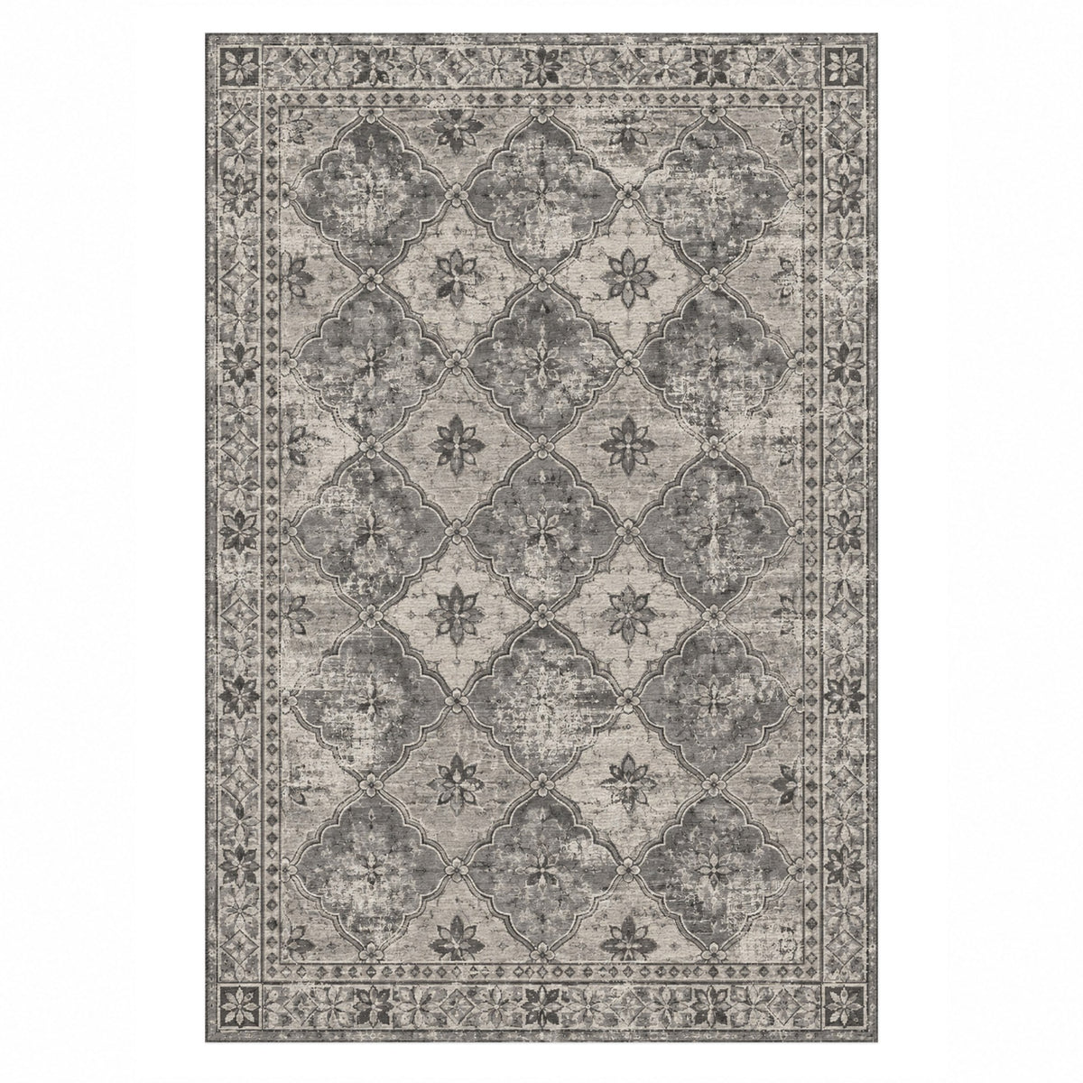 Weathered Mosaic Charcoal Silver Vintage Washable Rug — top view