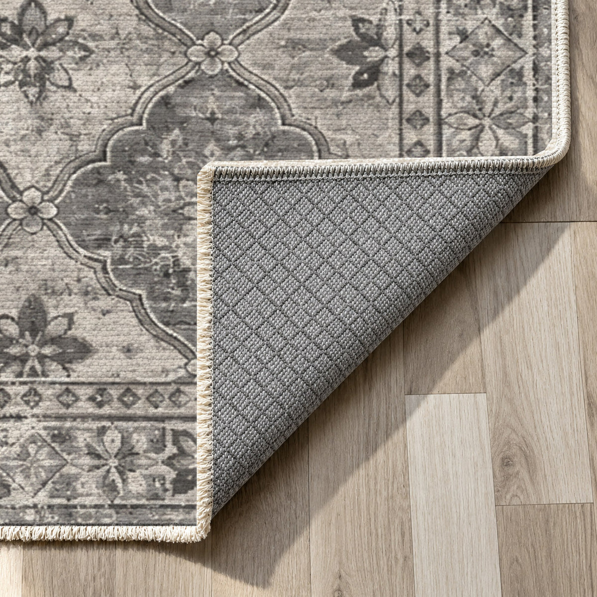 Weathered Mosaic Charcoal Silver Vintage Washable Rug — backing close up