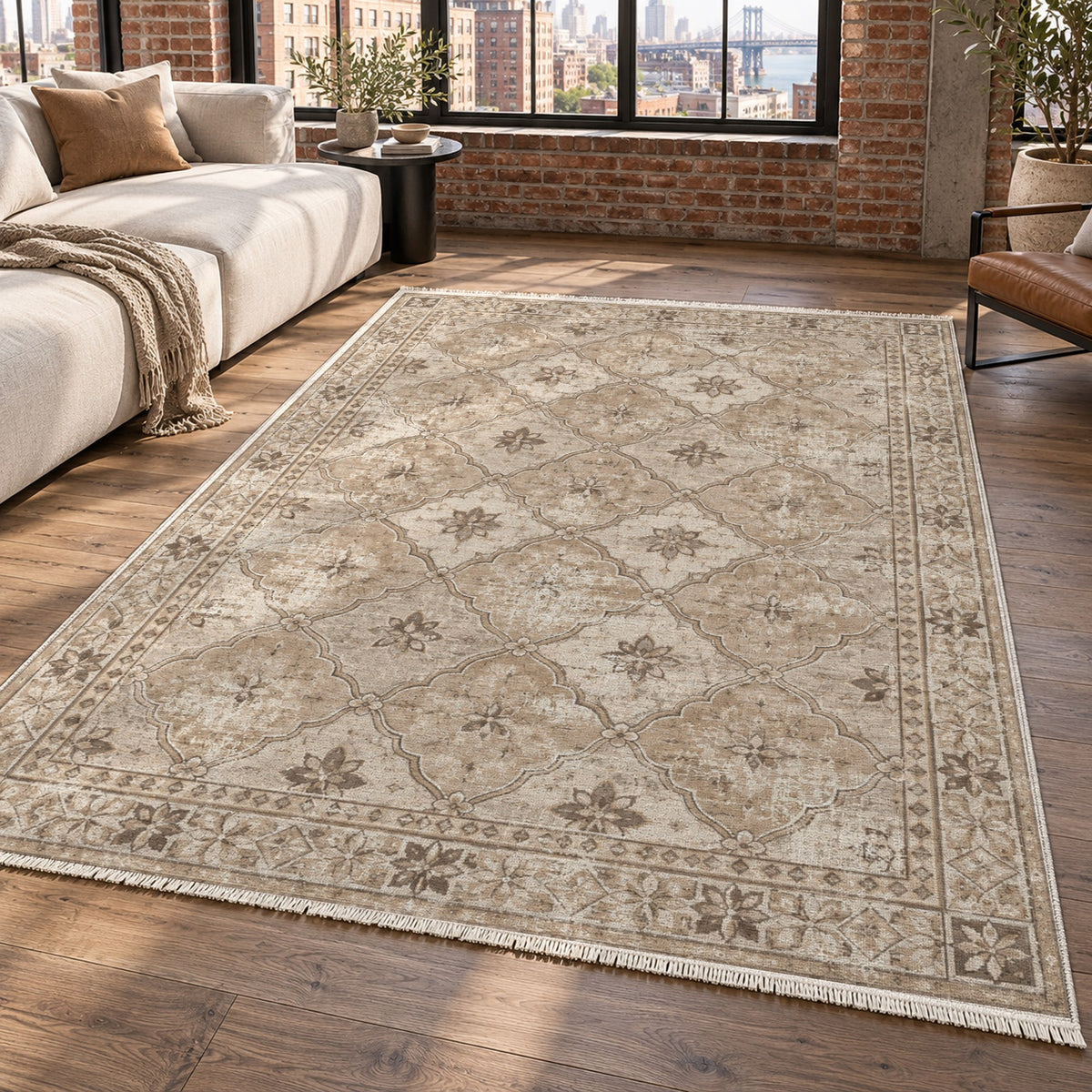 Weathered Mosaic Ivory Taupe Vintage Washable Rug — new york living