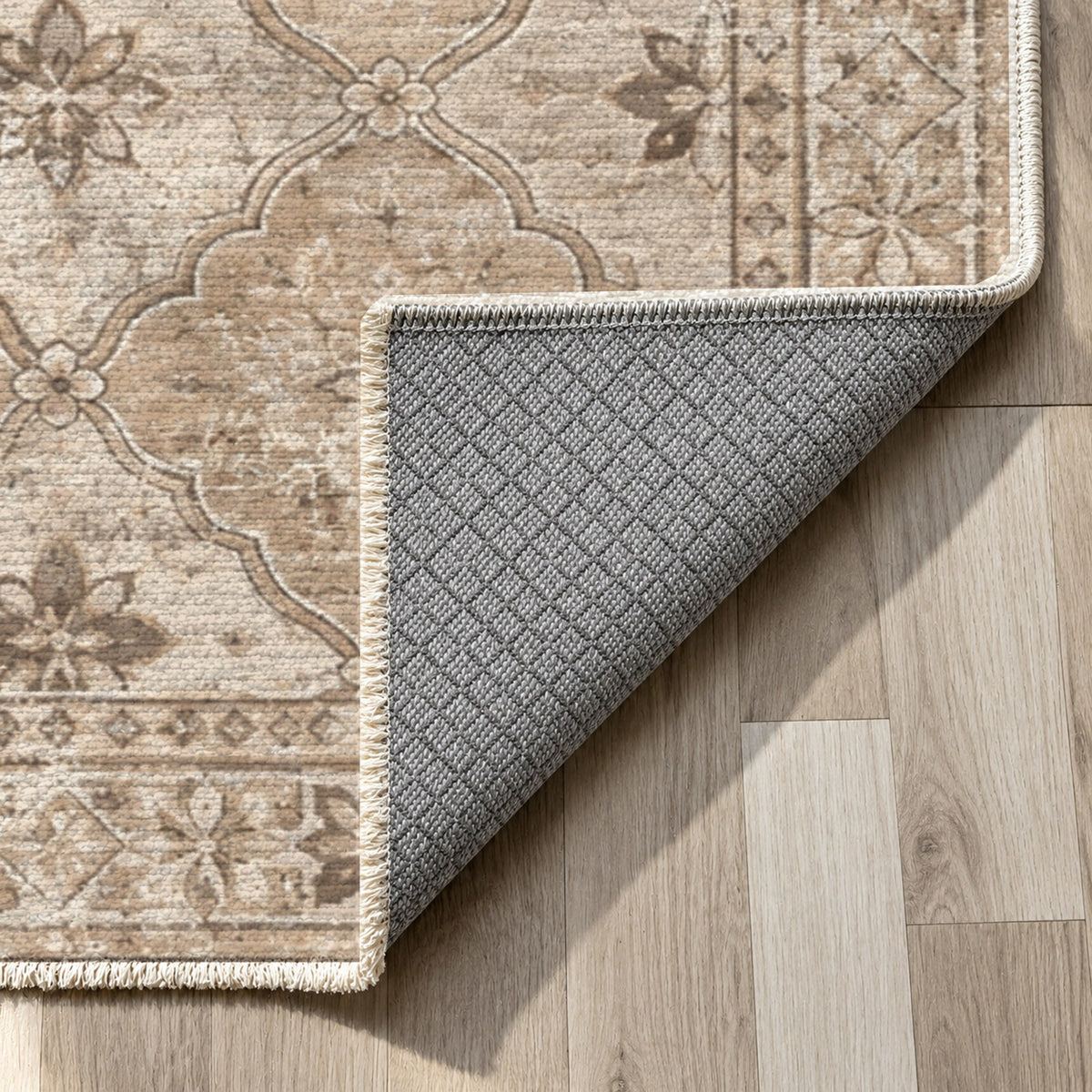 Weathered Mosaic Ivory Taupe Vintage Washable Rug — backing close up