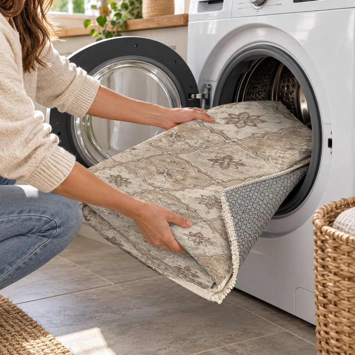 Weathered Mosaic Ivory Taupe Vintage Washable Rug — washing machine