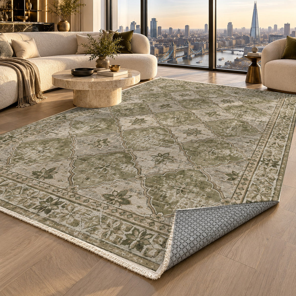 Weathered Mosaic Olive Green Vintage Washable Rug — london luxury living