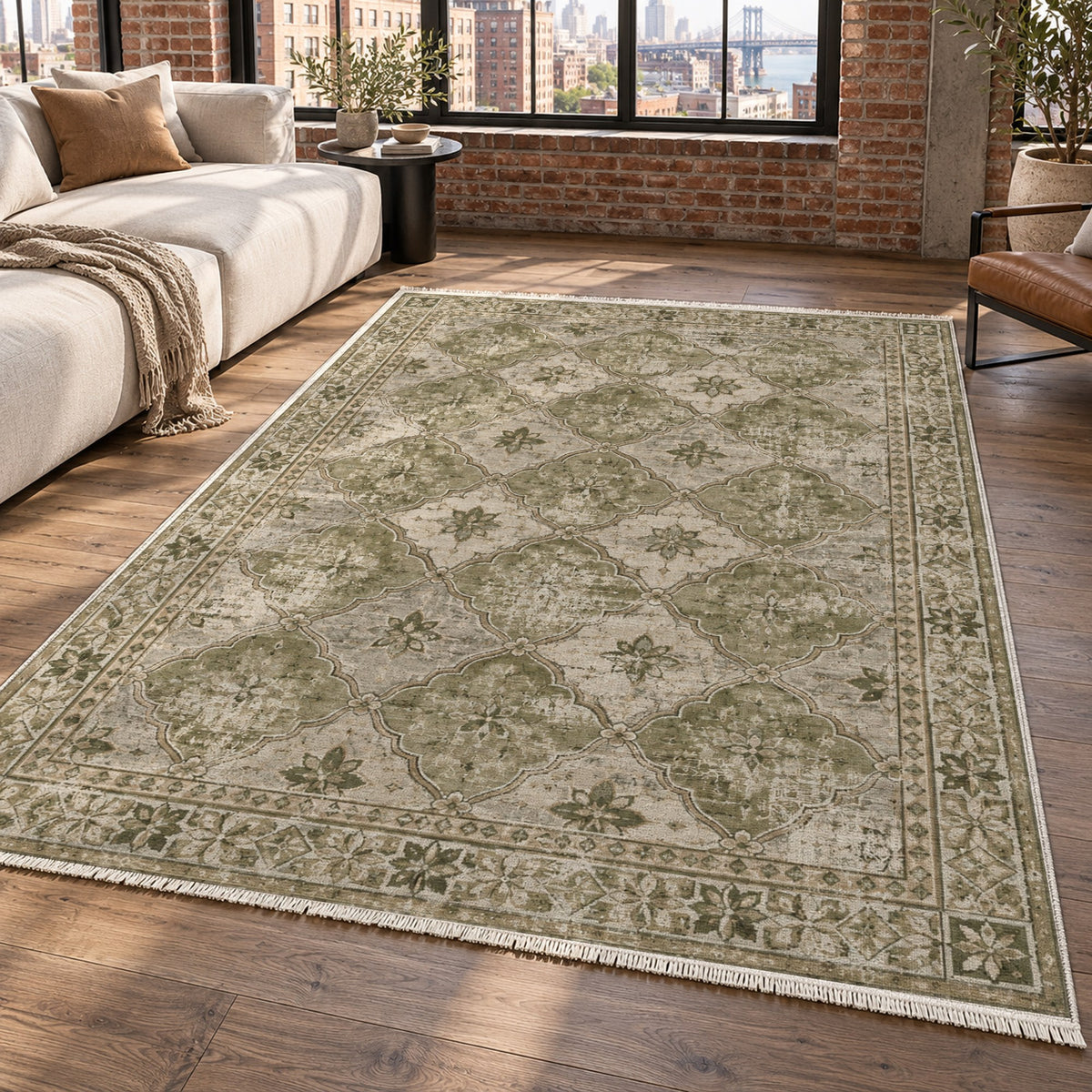 Weathered Mosaic Olive Green Vintage Washable Rug — new york living