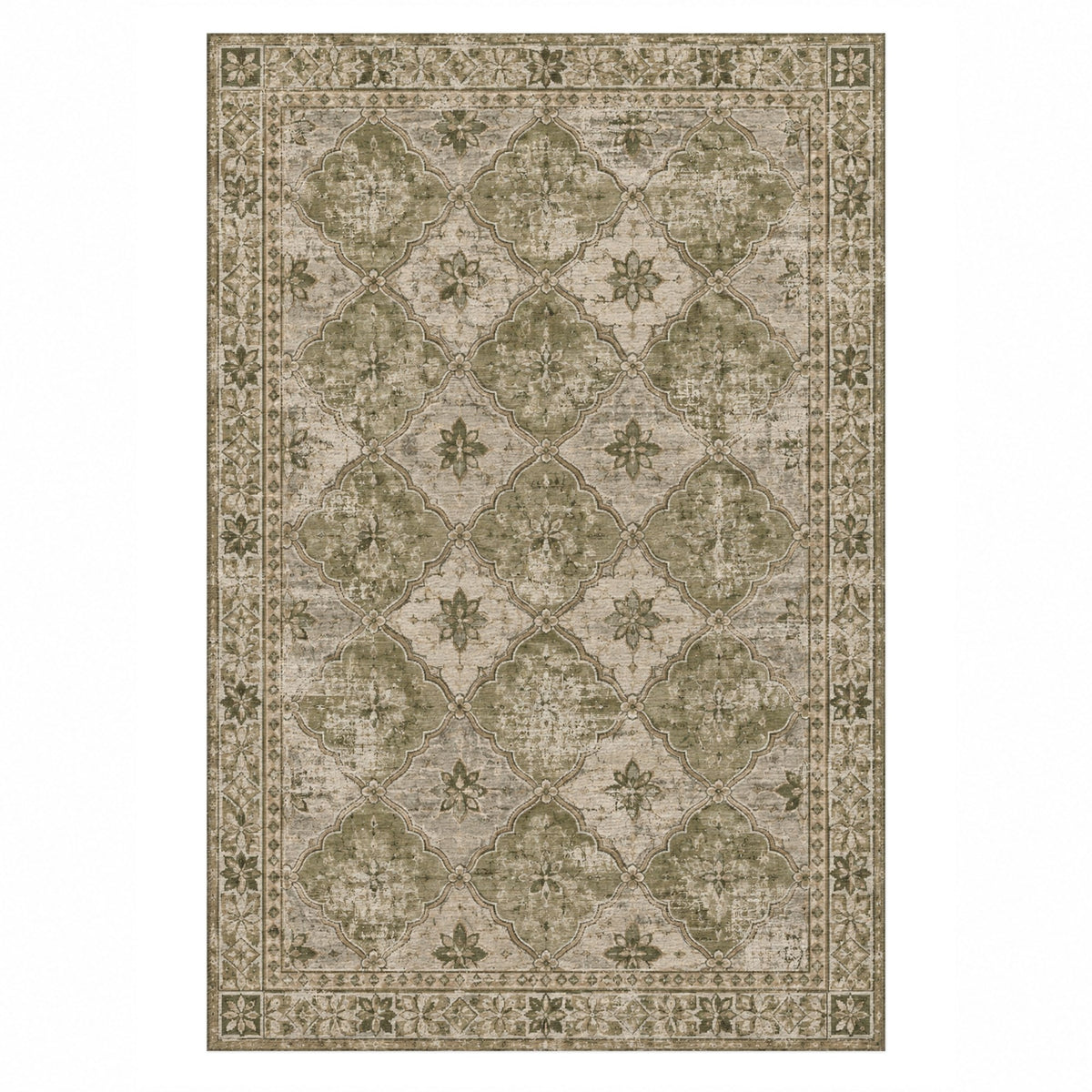 Weathered Mosaic Olive Green Vintage Washable Rug — top view