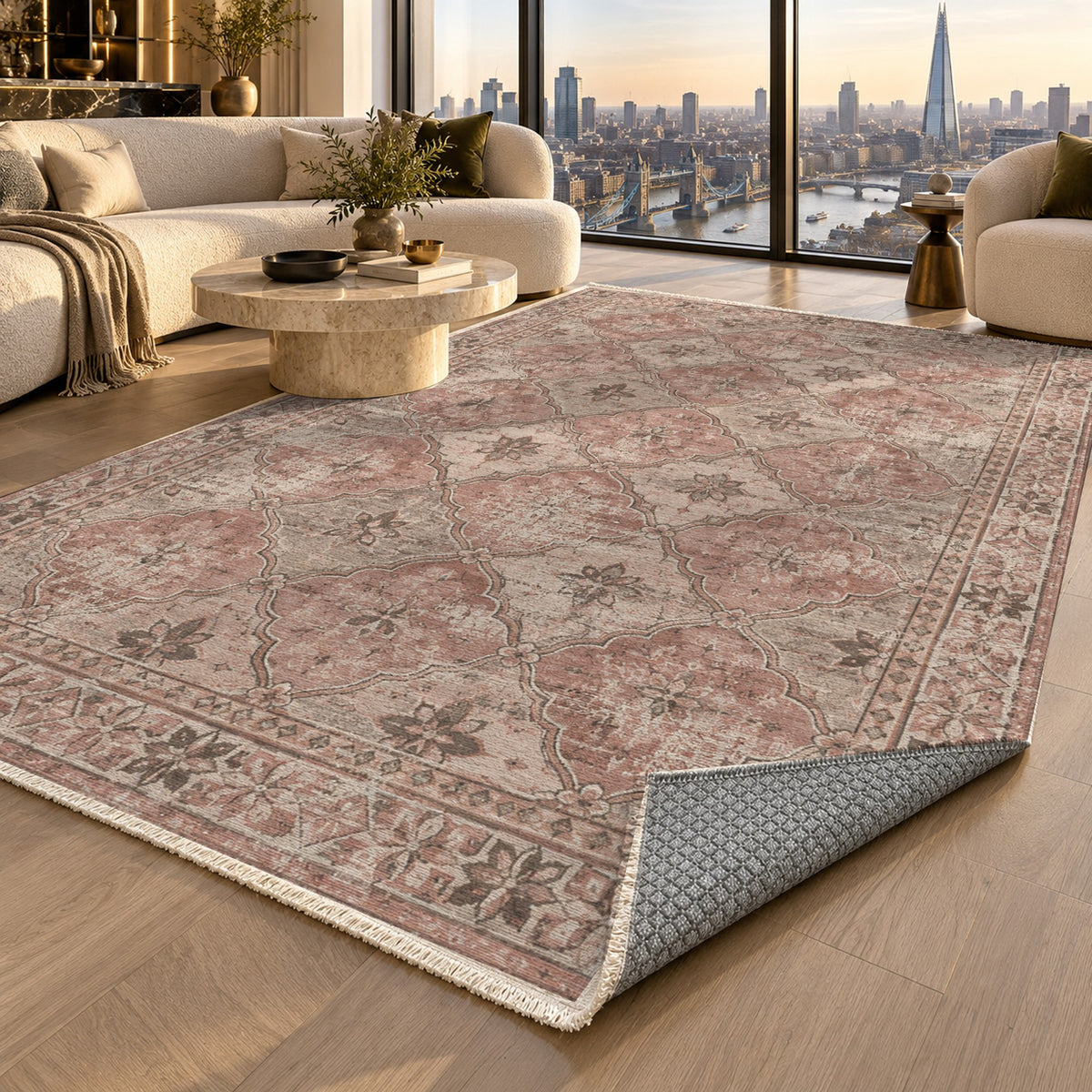 Weathered Mosaic Rose Pink Vintage Washable Rug — london luxury living