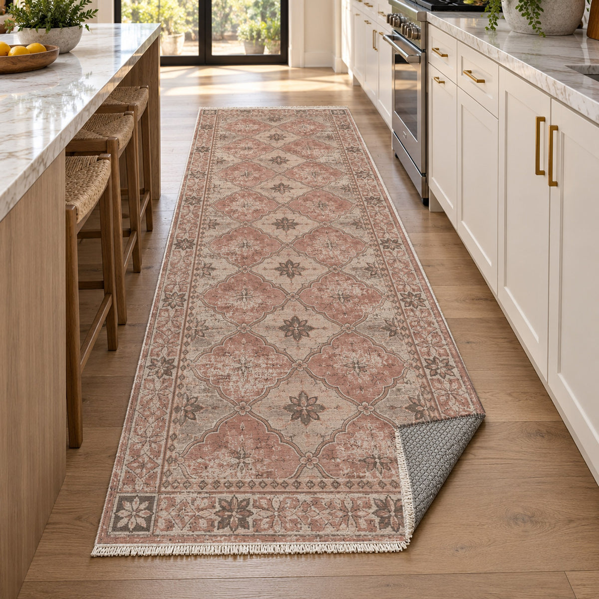 Weathered Mosaic Rose Pink Vintage Washable Rug — new york kitchen runner