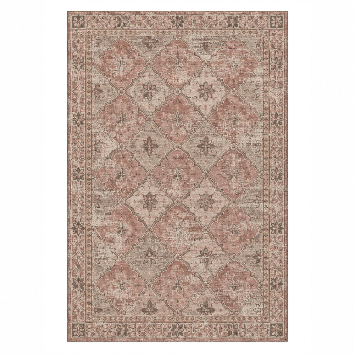 Weathered Mosaic Rose Pink Vintage Washable Rug — top view