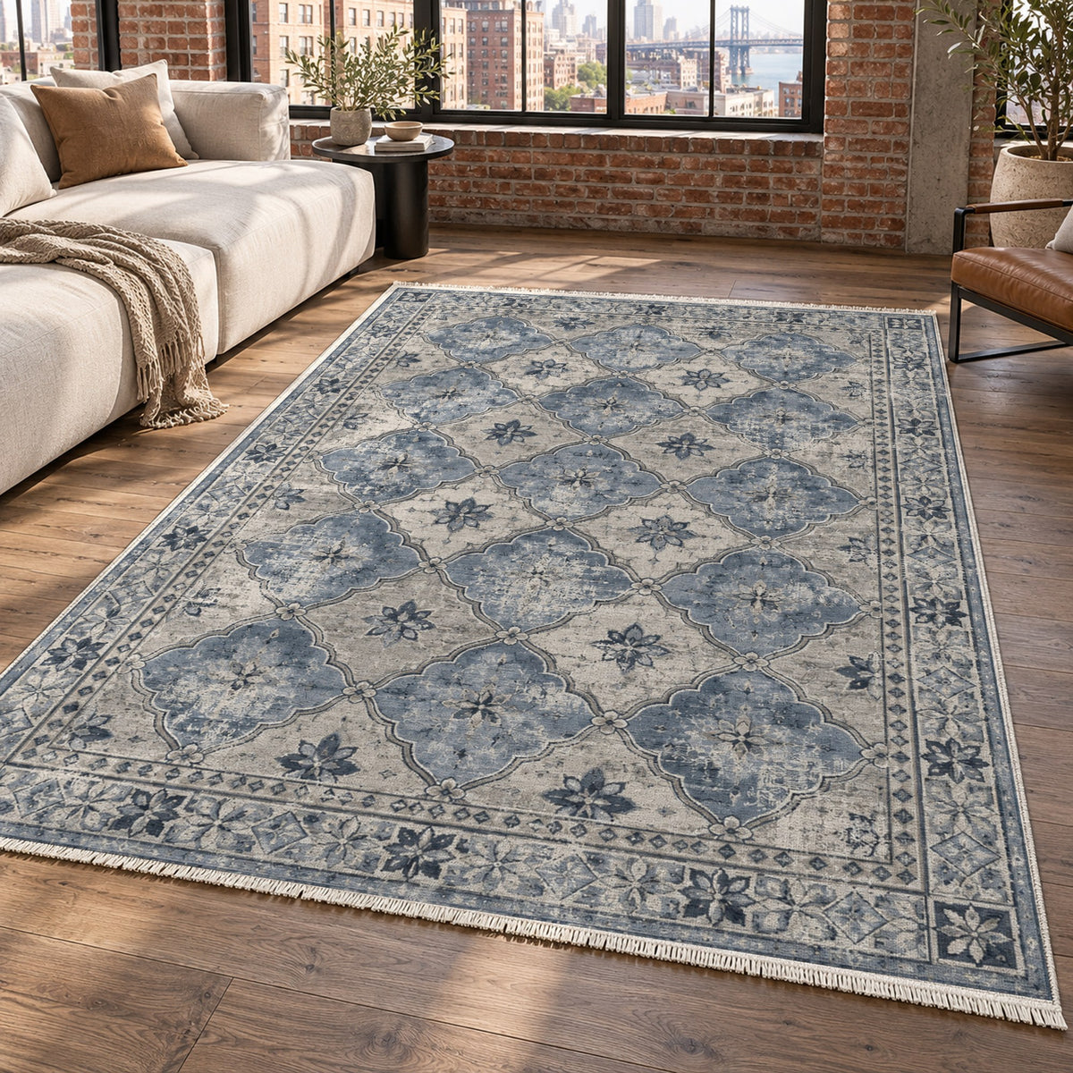 Weathered Mosaic Slate Blue Vintage Washable Rug — new york living