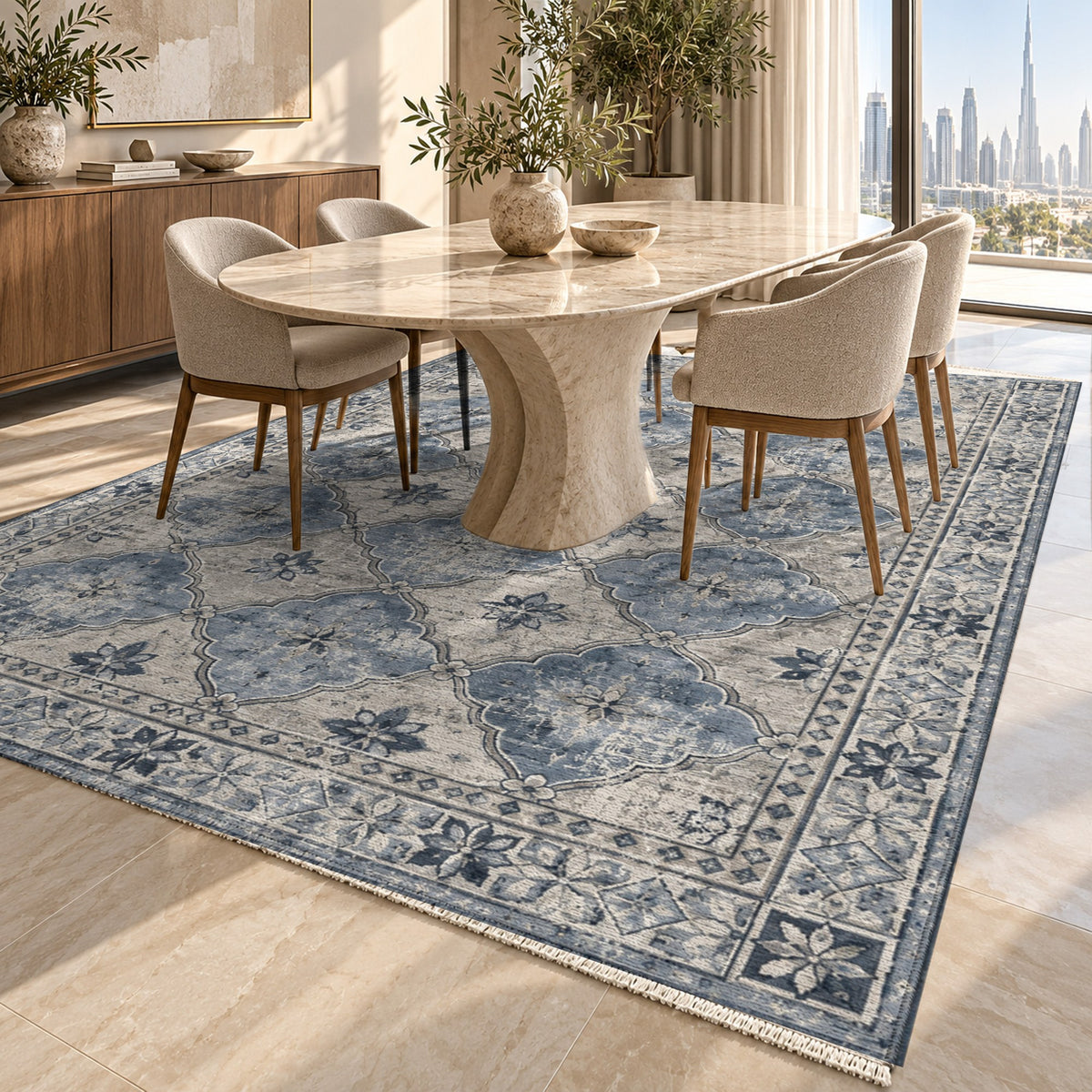 Weathered Mosaic Slate Blue Vintage Washable Rug — dubai dining