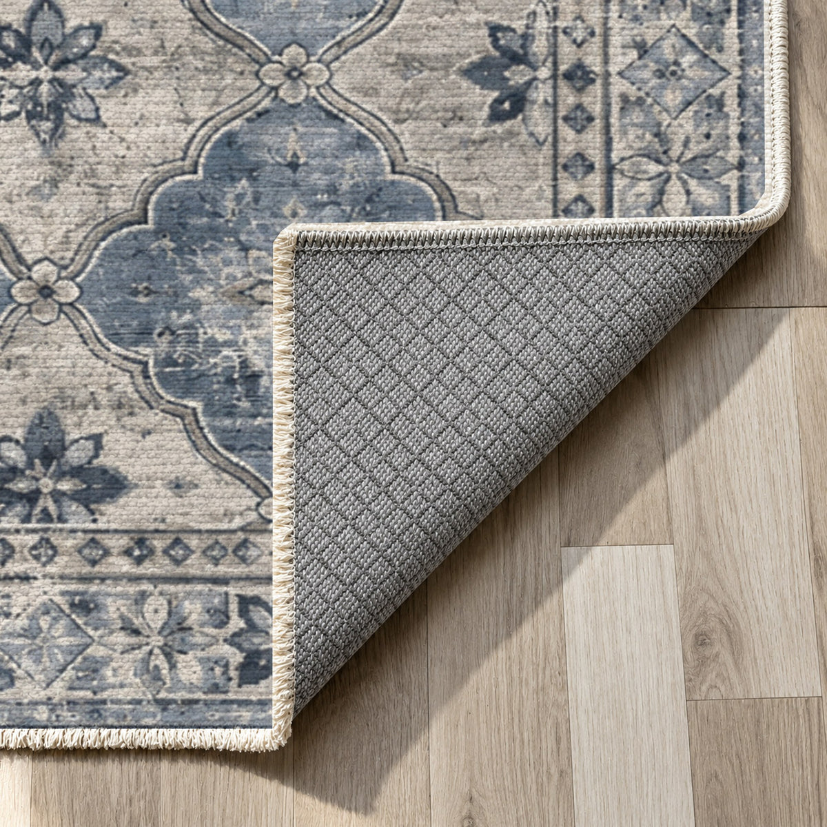Weathered Mosaic Slate Blue Vintage Washable Rug — backing close up