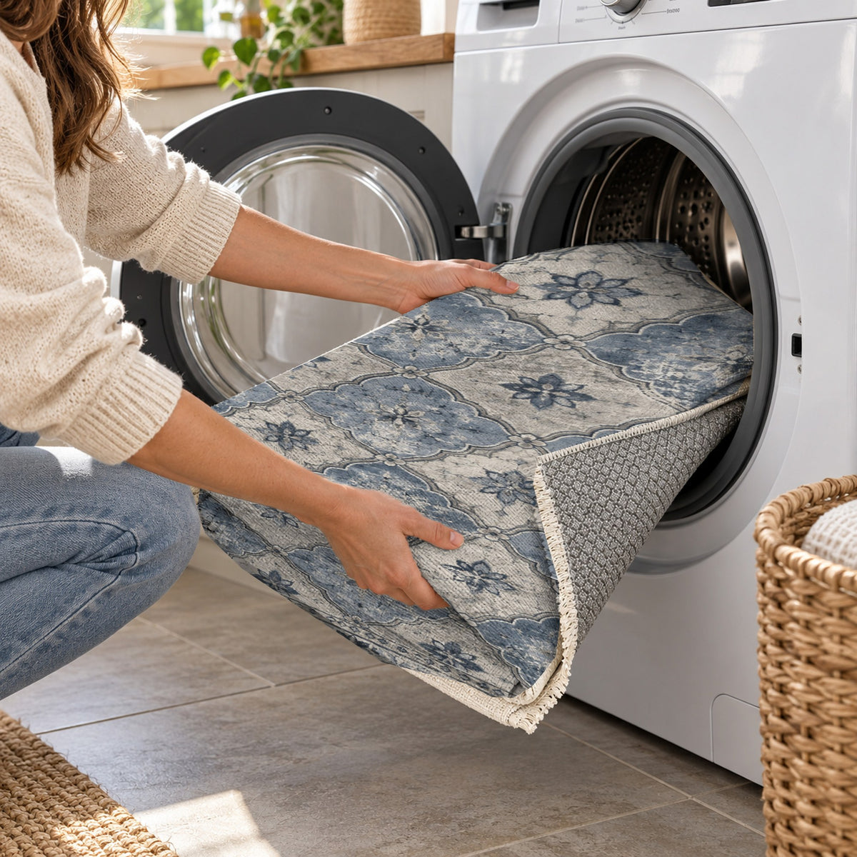 Weathered Mosaic Slate Blue Vintage Washable Rug — washing machine