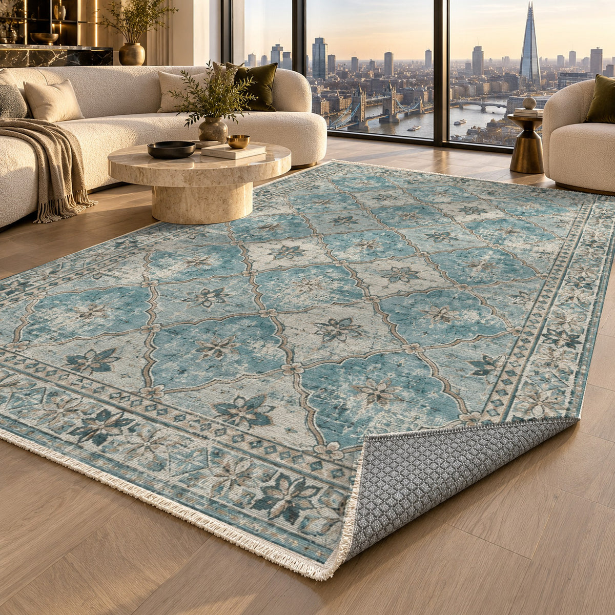 Weathered Mosaic Turquoise Blue Vintage Washable Rug — london luxury living