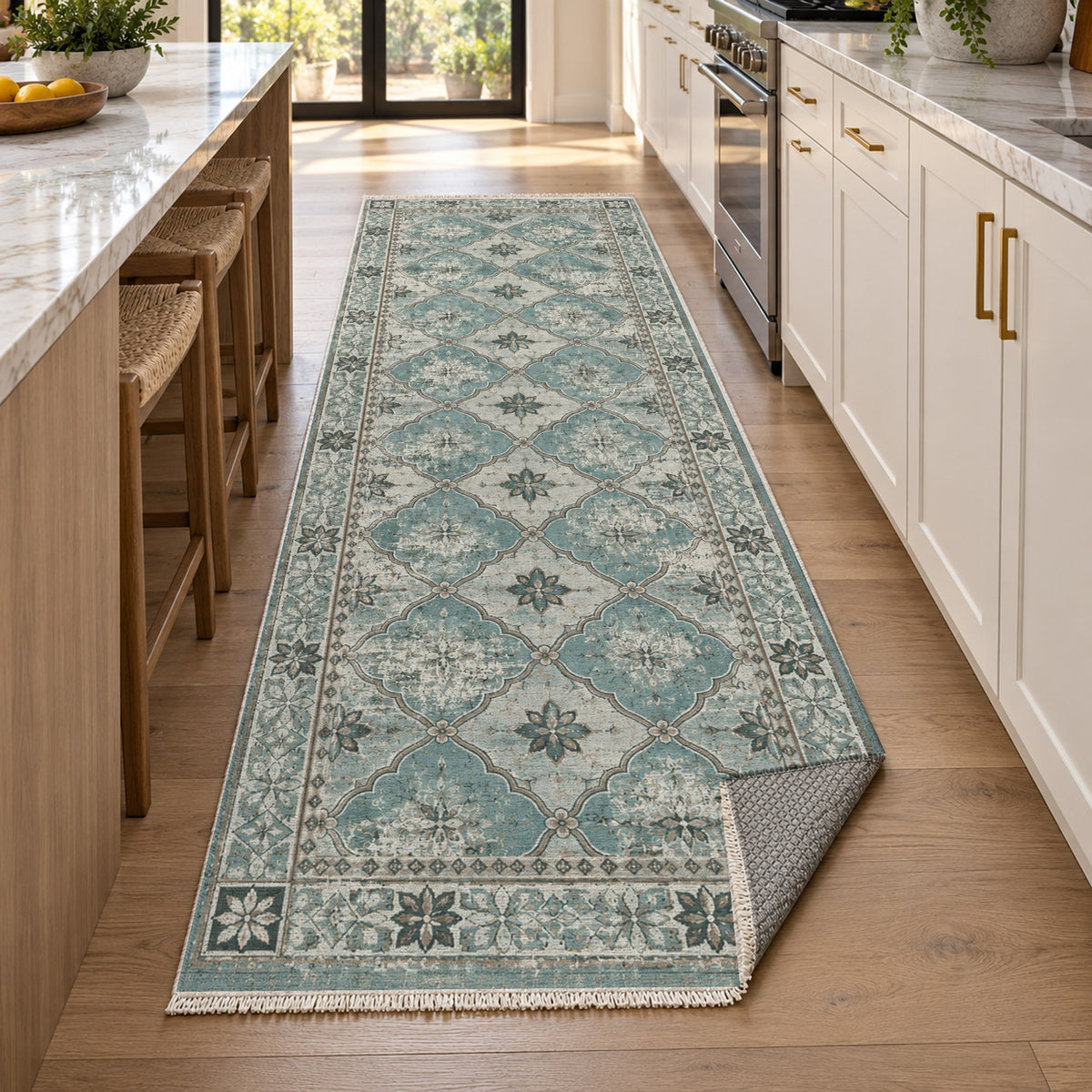 Weathered Mosaic Turquoise Blue Vintage Washable Rug — new york kitchen runner