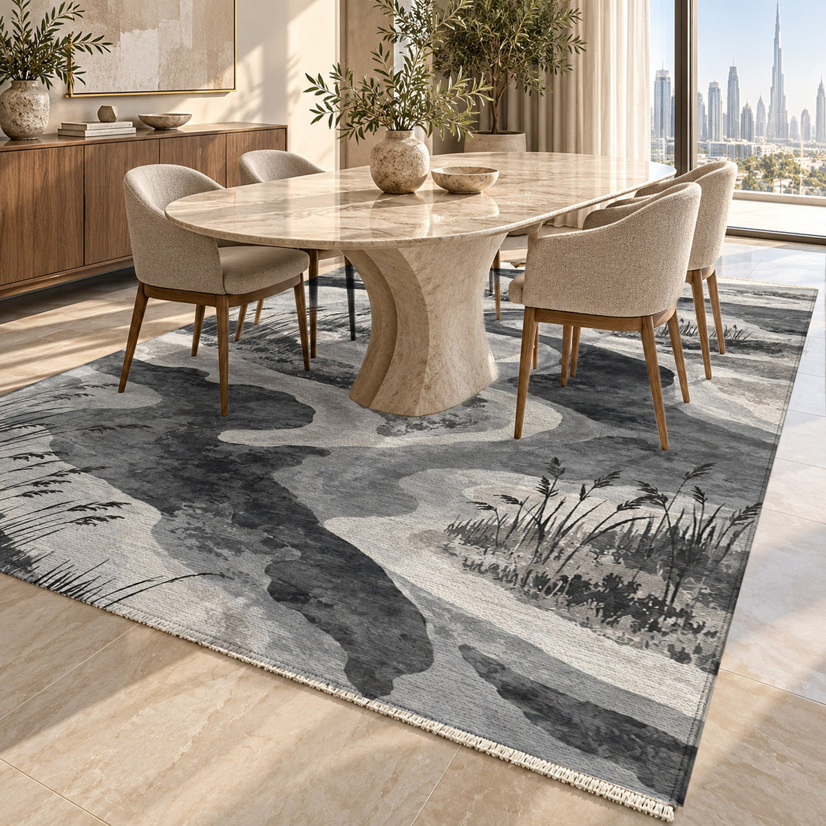 Wetland Reeds Charcoal Abstract Washable Rug — dubai dining