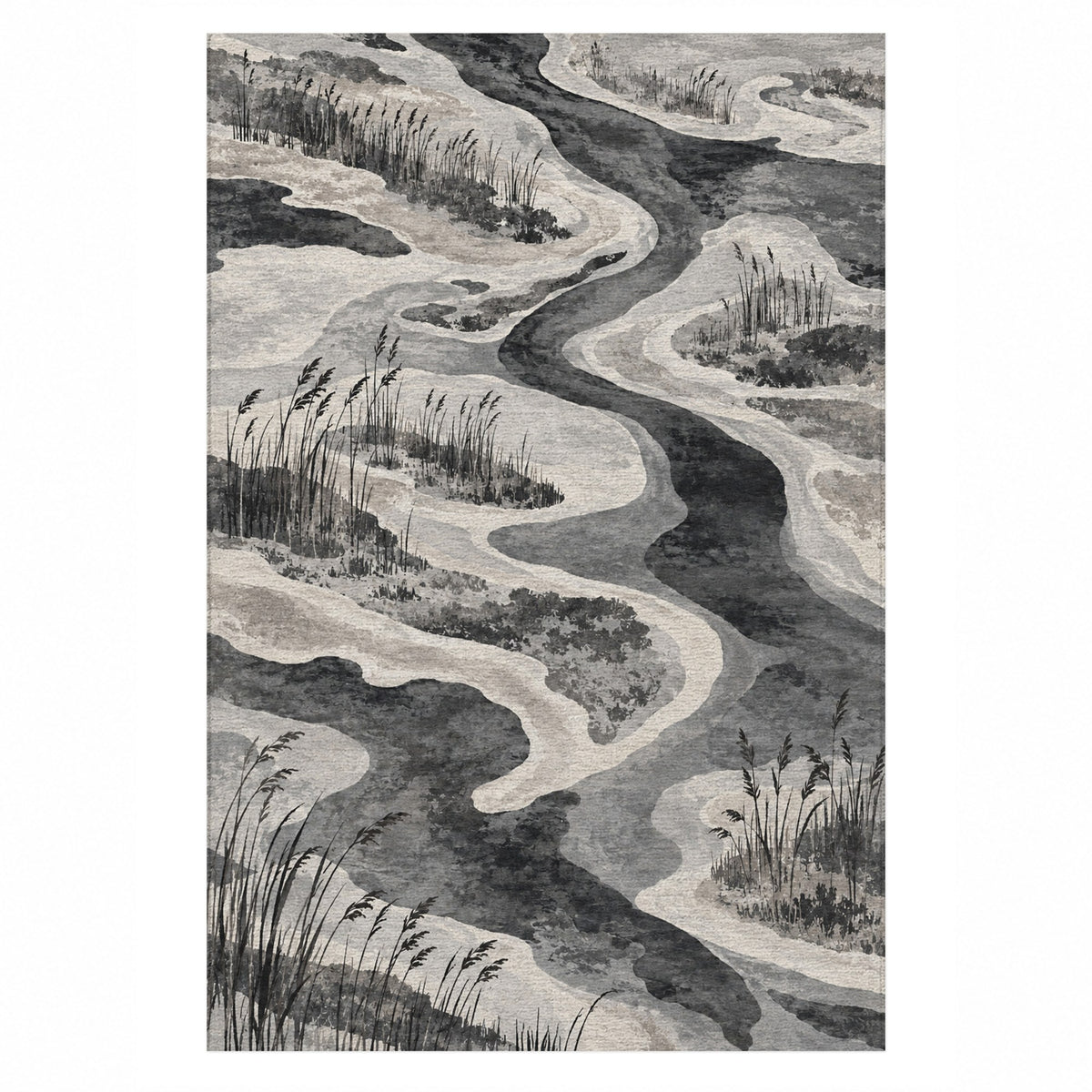 Wetland Reeds Charcoal Abstract Washable Rug — top view