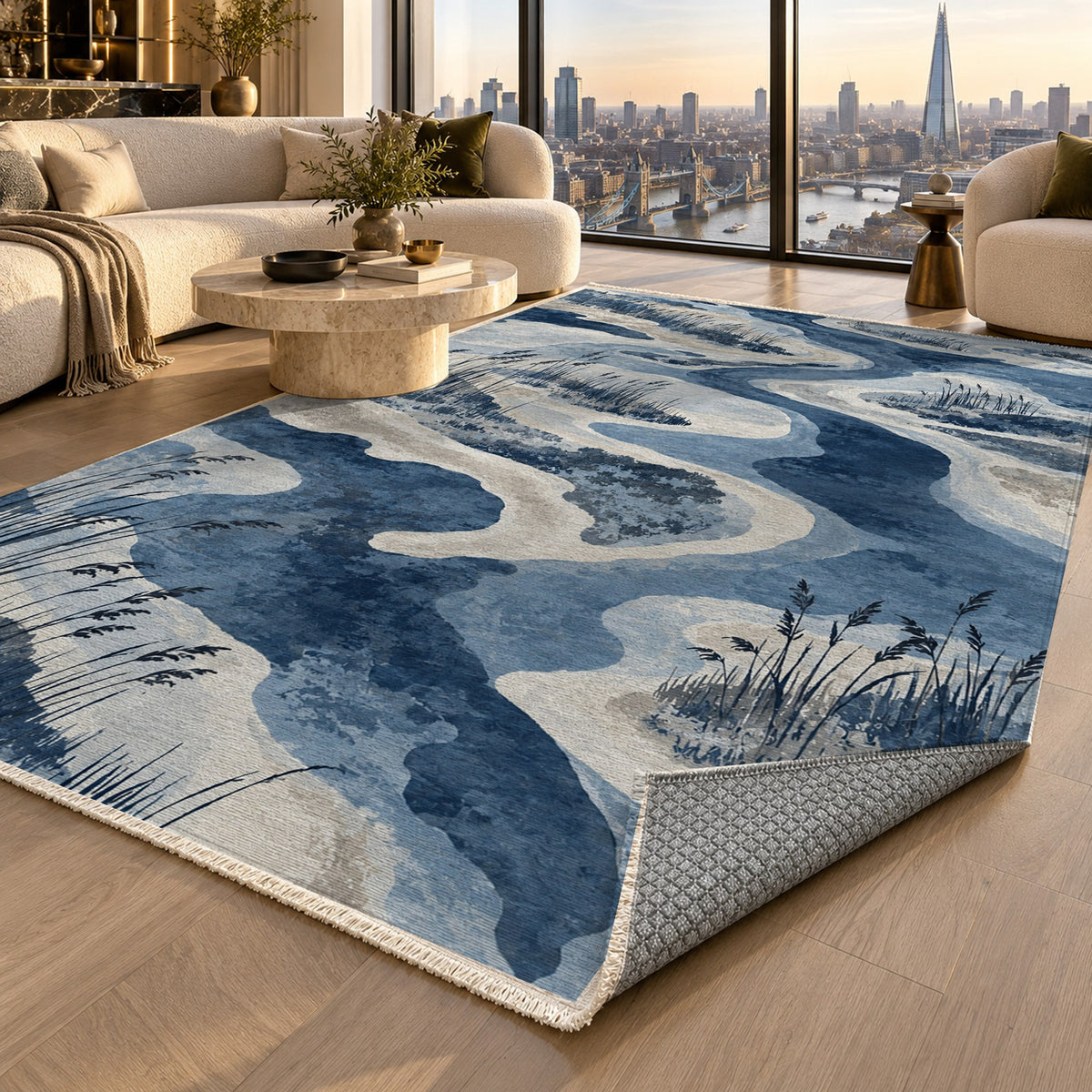 Wetland Reeds Indigo Abstract Washable Rug — london luxury living