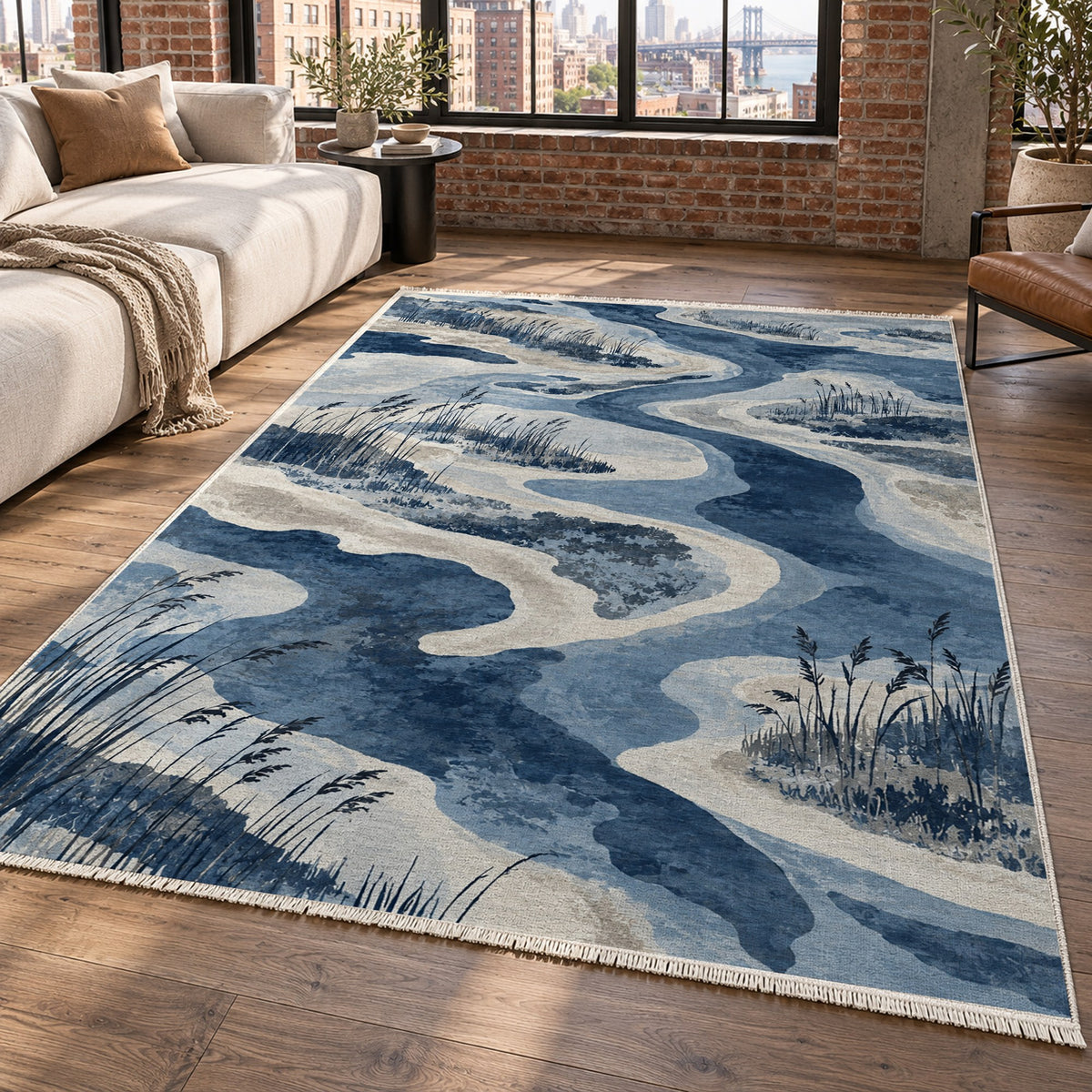Wetland Reeds Indigo Abstract Washable Rug — new york living