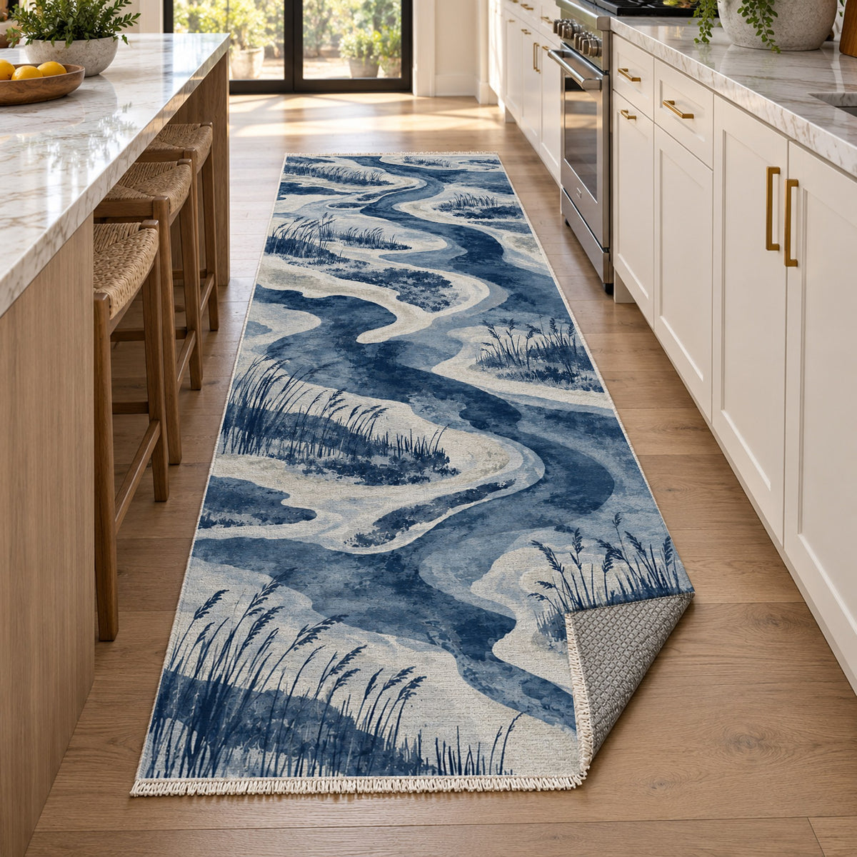 Wetland Reeds Indigo Abstract Washable Rug — new york kitchen runner