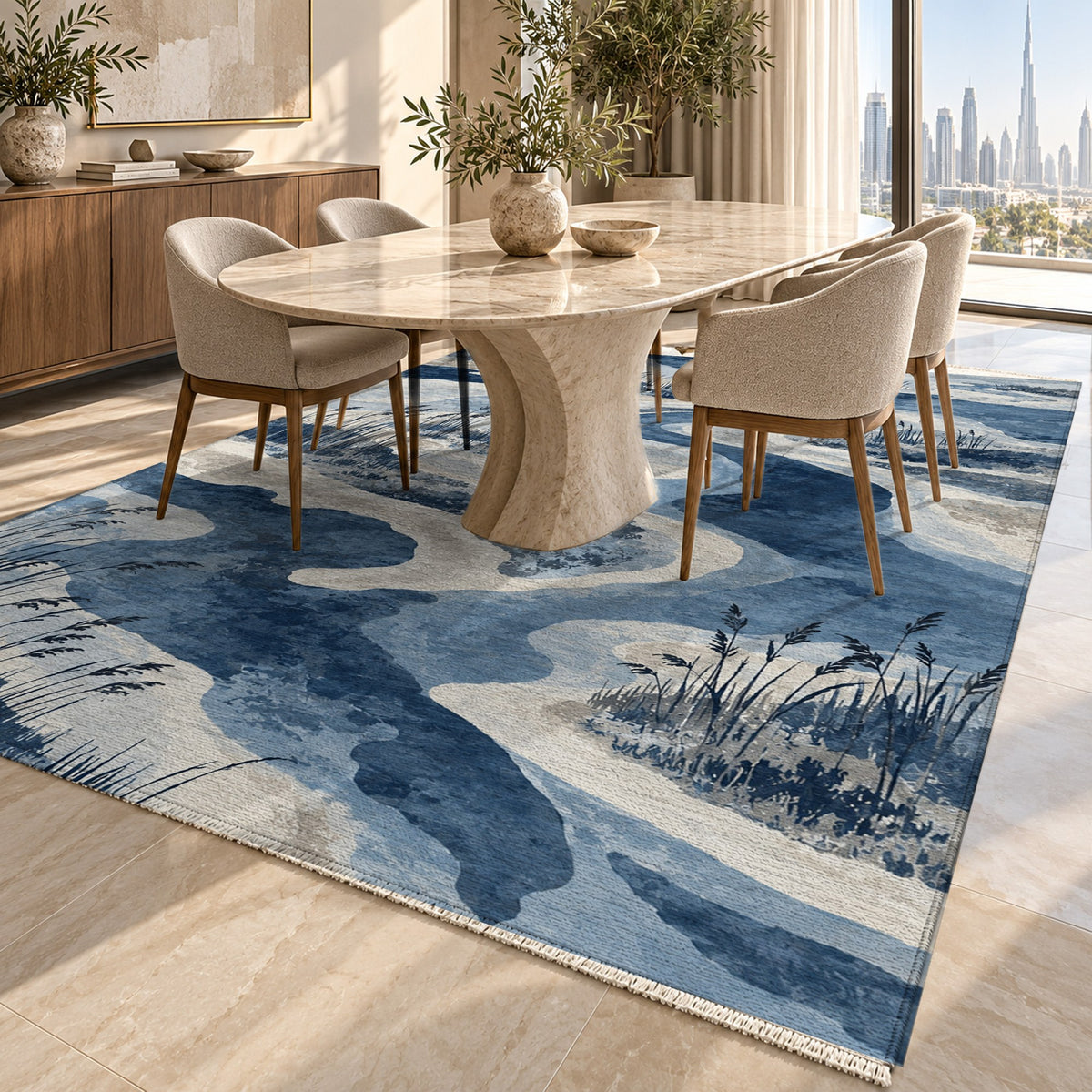 Wetland Reeds Indigo Abstract Washable Rug — dubai dining