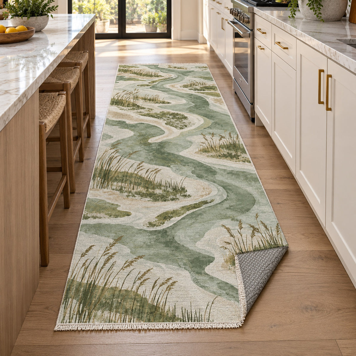 Wetland Reeds Sage Abstract Washable Rug — new york kitchen runner