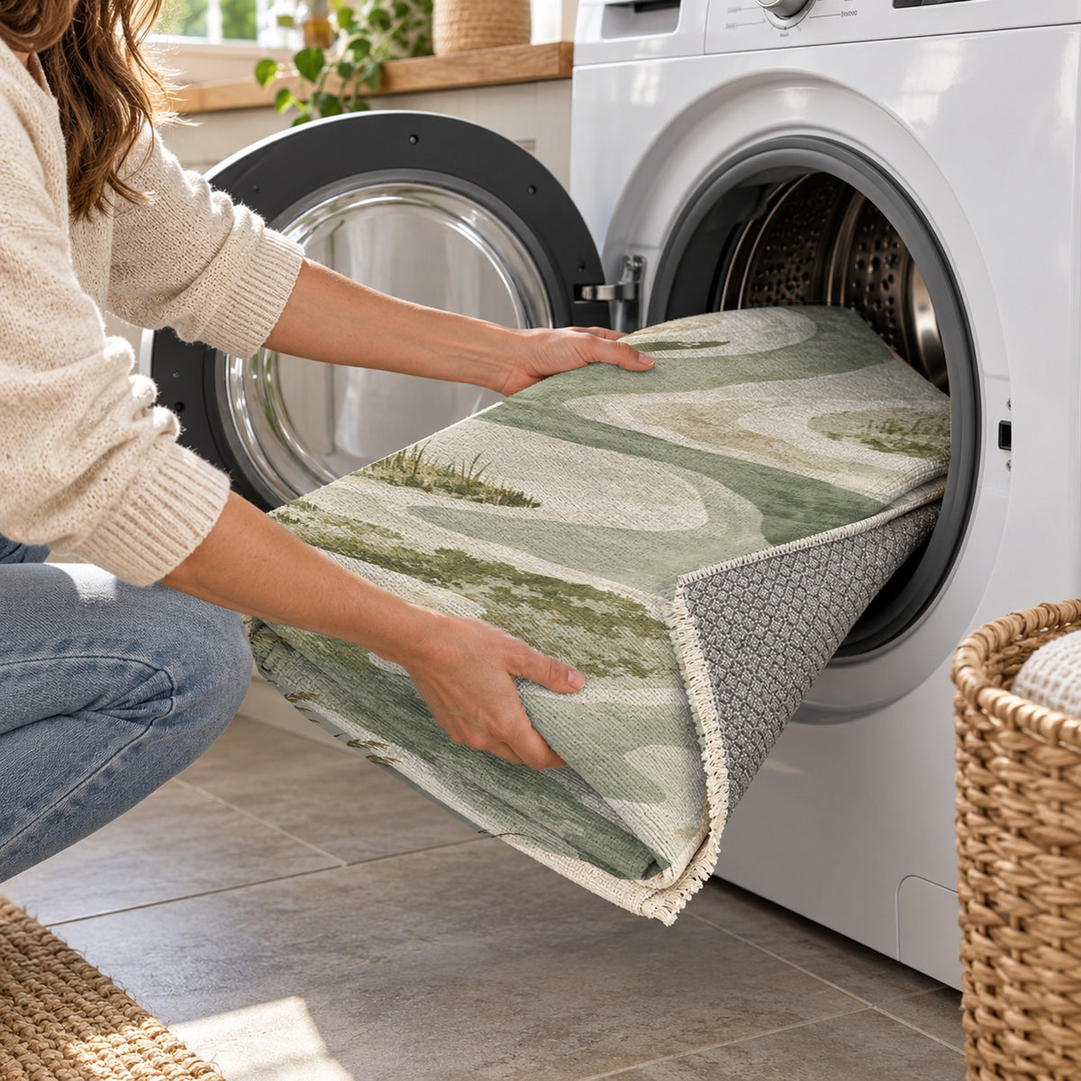 Wetland Reeds Sage Abstract Washable Rug — washing machine