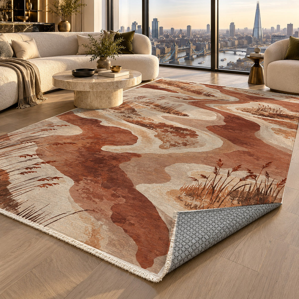 Wetland Reeds Terracotta Abstract Washable Rug — london luxury living
