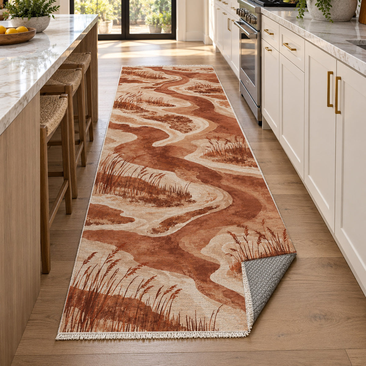 Wetland Reeds Terracotta Abstract Washable Rug — new york kitchen runner