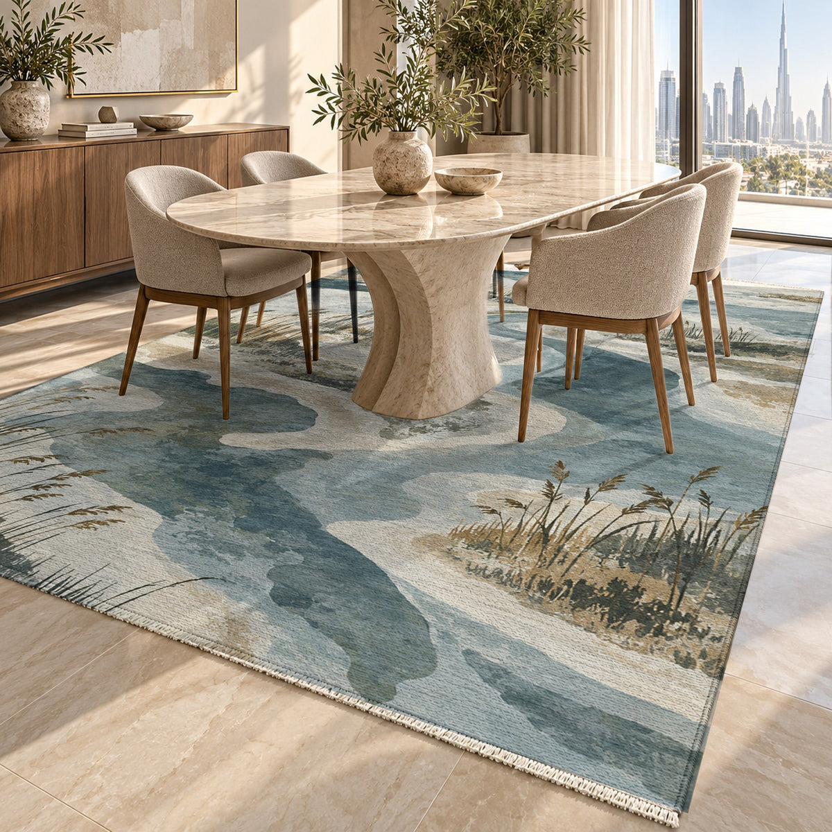 Wetland Reeds Abstract Washable Rug — dubai dining