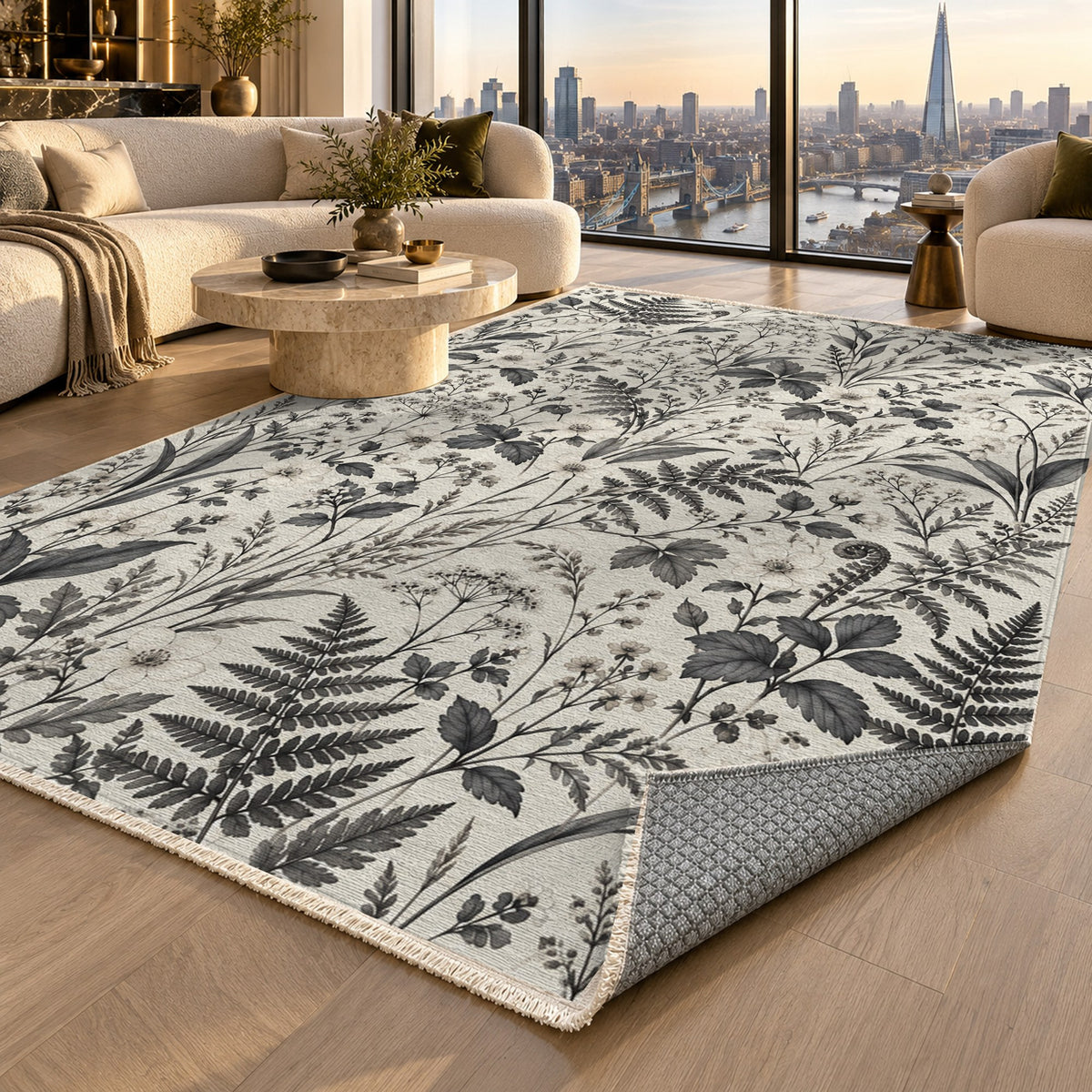 Wildflower Clearing Charcoal Floral Washable Rug — london luxury living