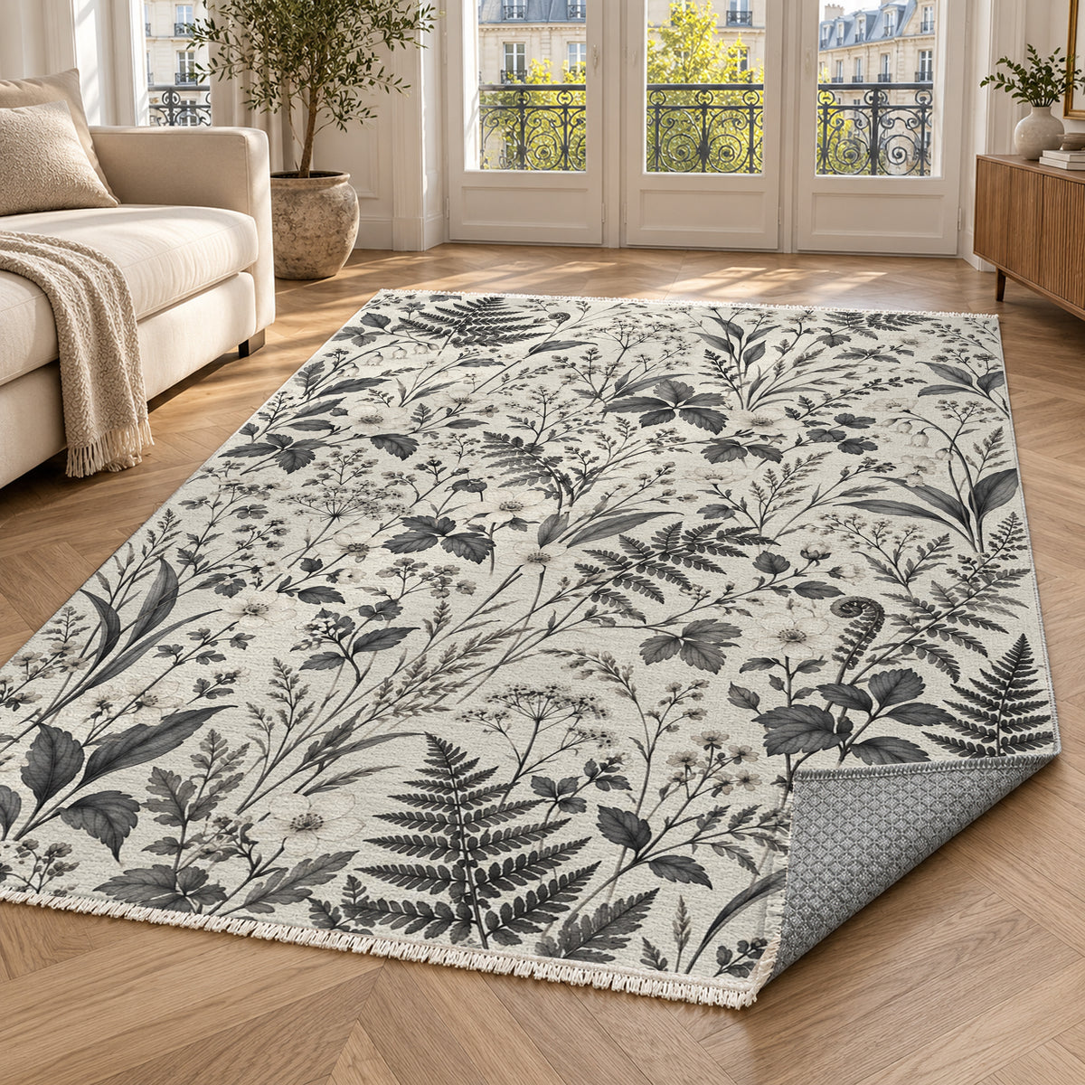 Wildflower Clearing Charcoal Floral Washable Rug — paris living